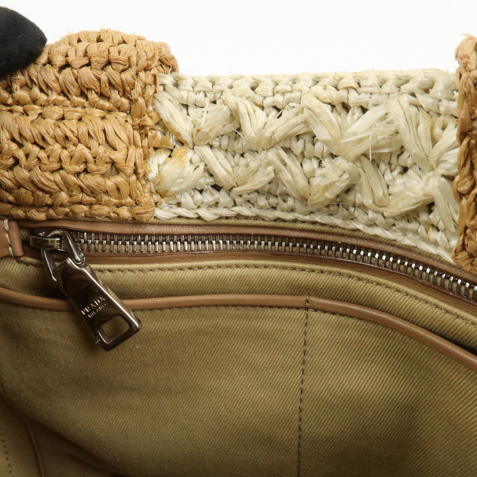 PRADA Canapa Raffia 2 Way Bag Hand Shoulder Bag Brown Ivory BN2889