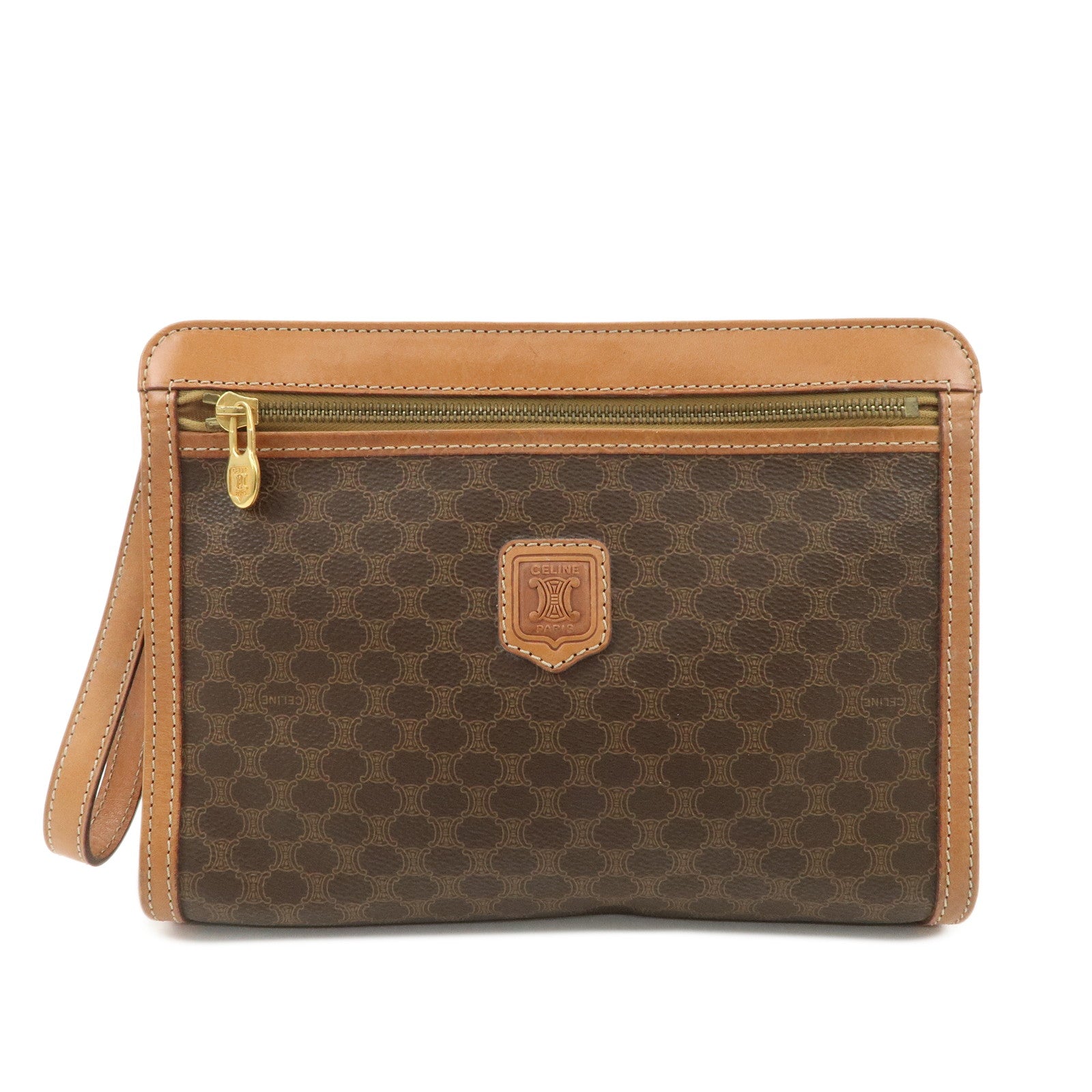 CELINE Macadam PVC Leather Clutch Bag Brown Gold HDW