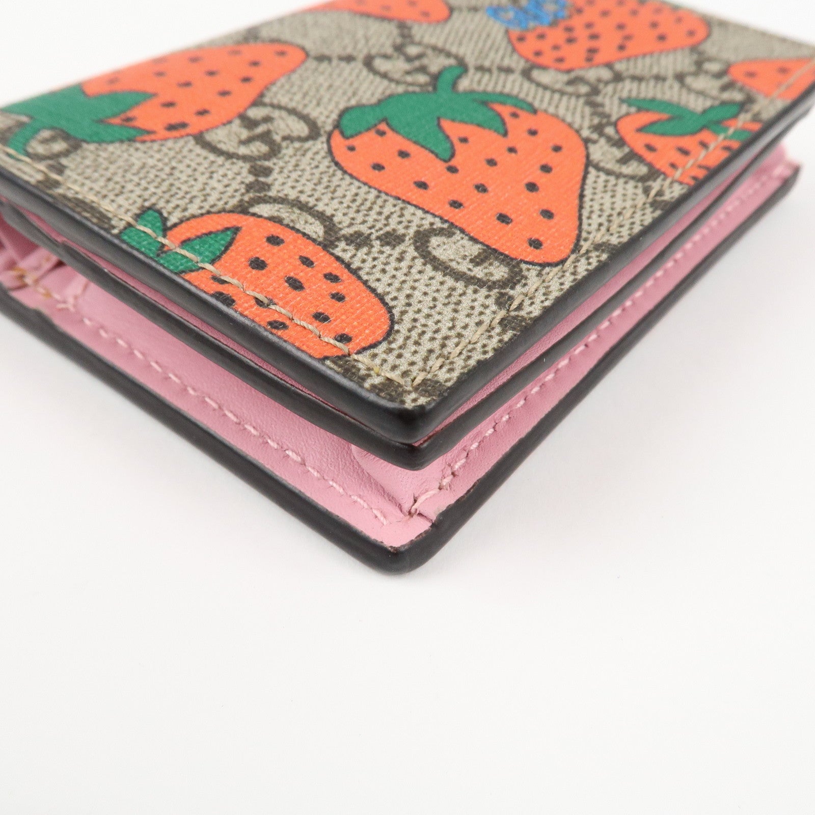 GUCCI GG Supreme Leather Strawberry Print Bi-fold Wallet 573839 Used