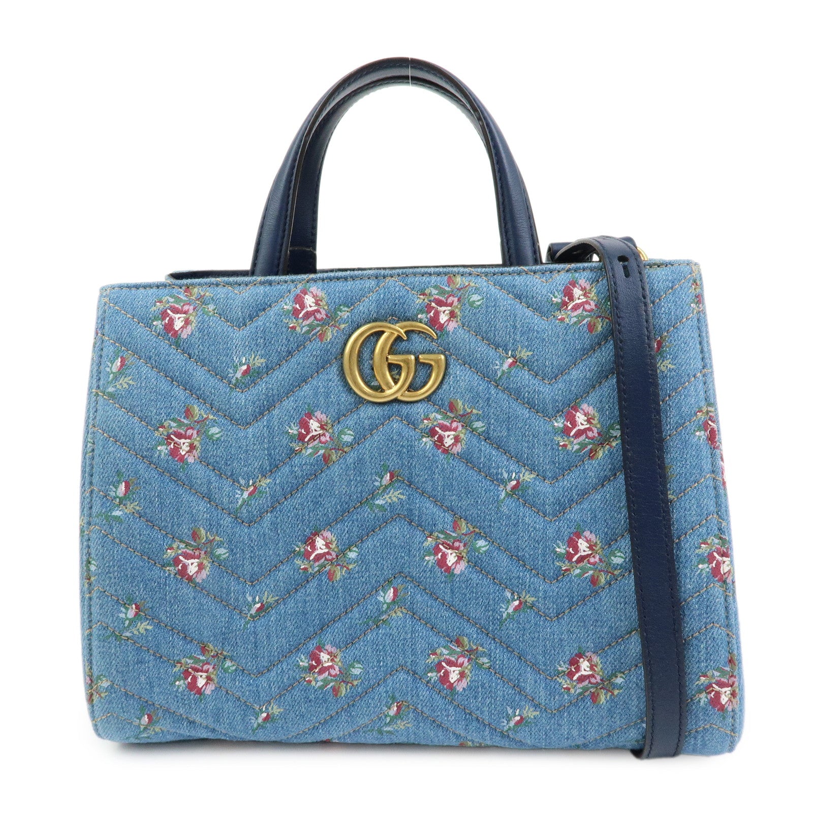 GUCCI GG Marmont Denim Leather 2Way Bag Flower Motif Navy 448054