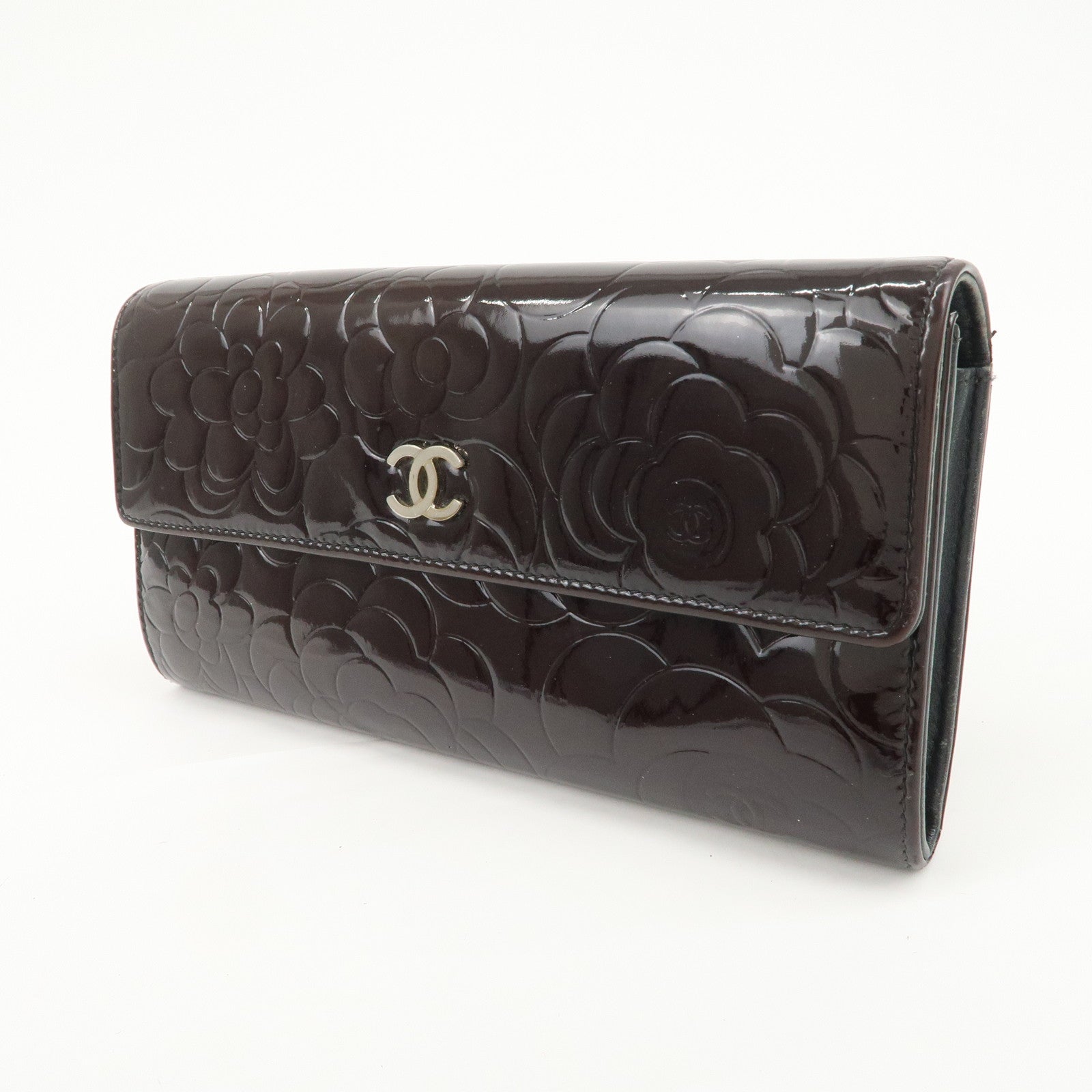 CHANEL COCO Mark Camellia Bi-fold Long Wallet Dark Brown A82283