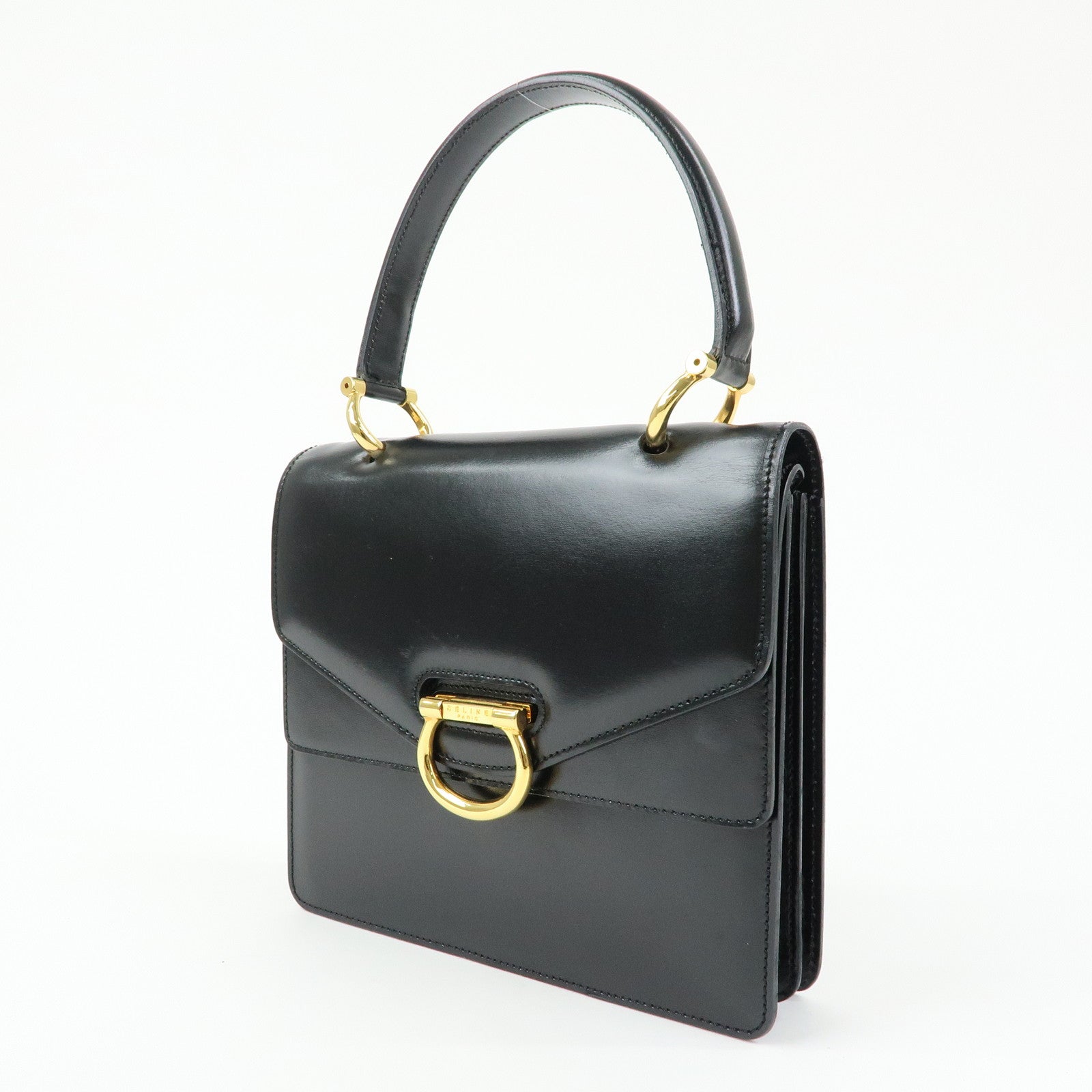 CELINE Leather Double Flap Hand Bag Black