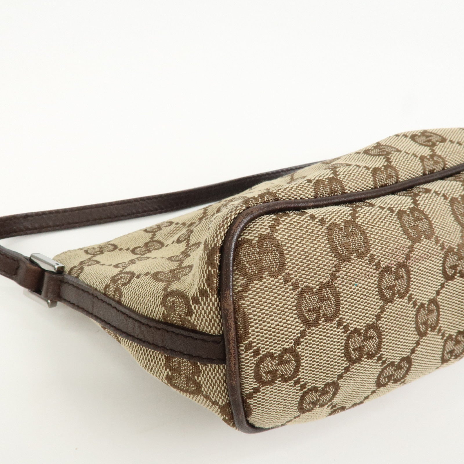 GUCCI Boat Bag GG Canvas Leather Hand Bag Pouch Beige Brown 07198
