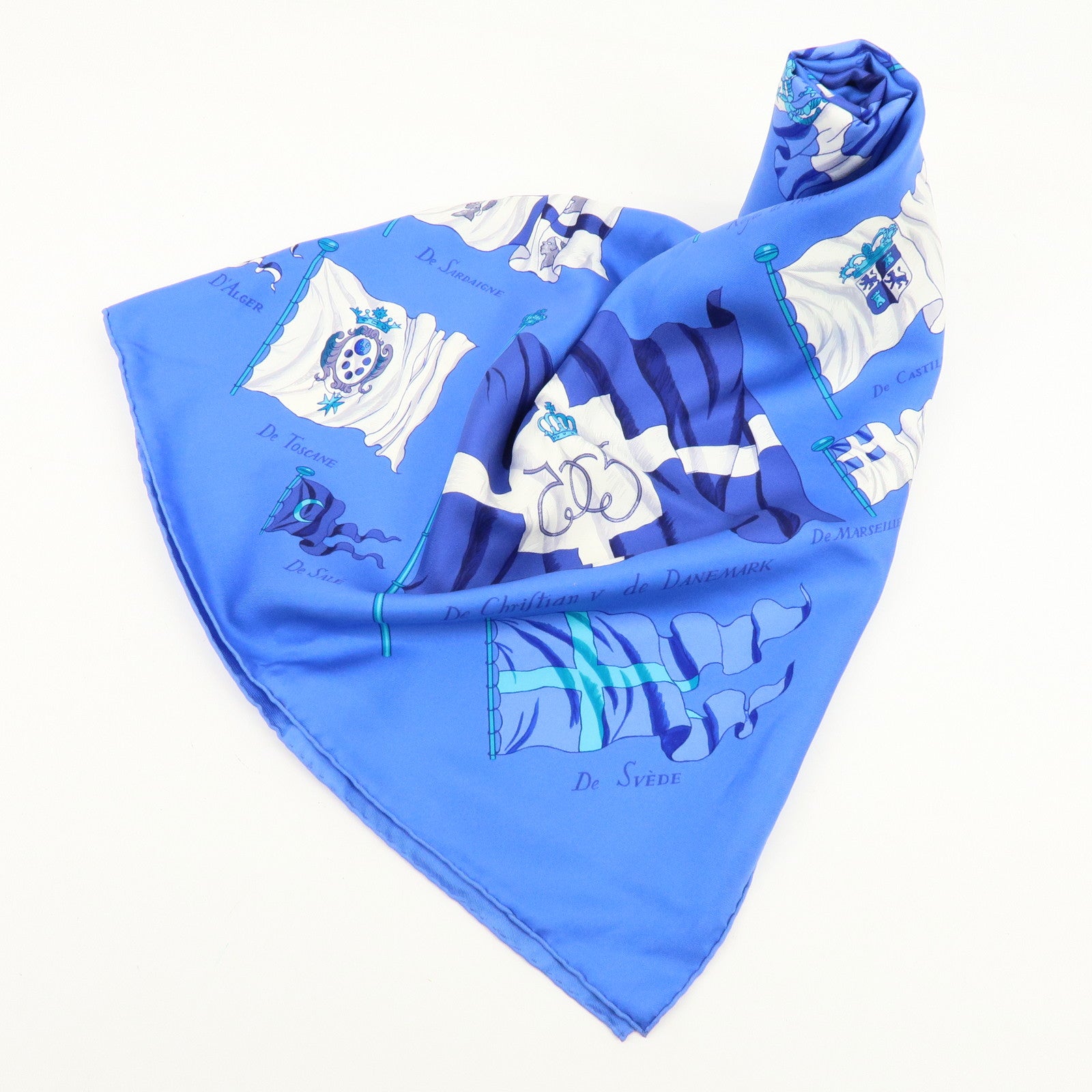 HERMES Carre 90 Silk 100% PAVOIS Scarf Blue