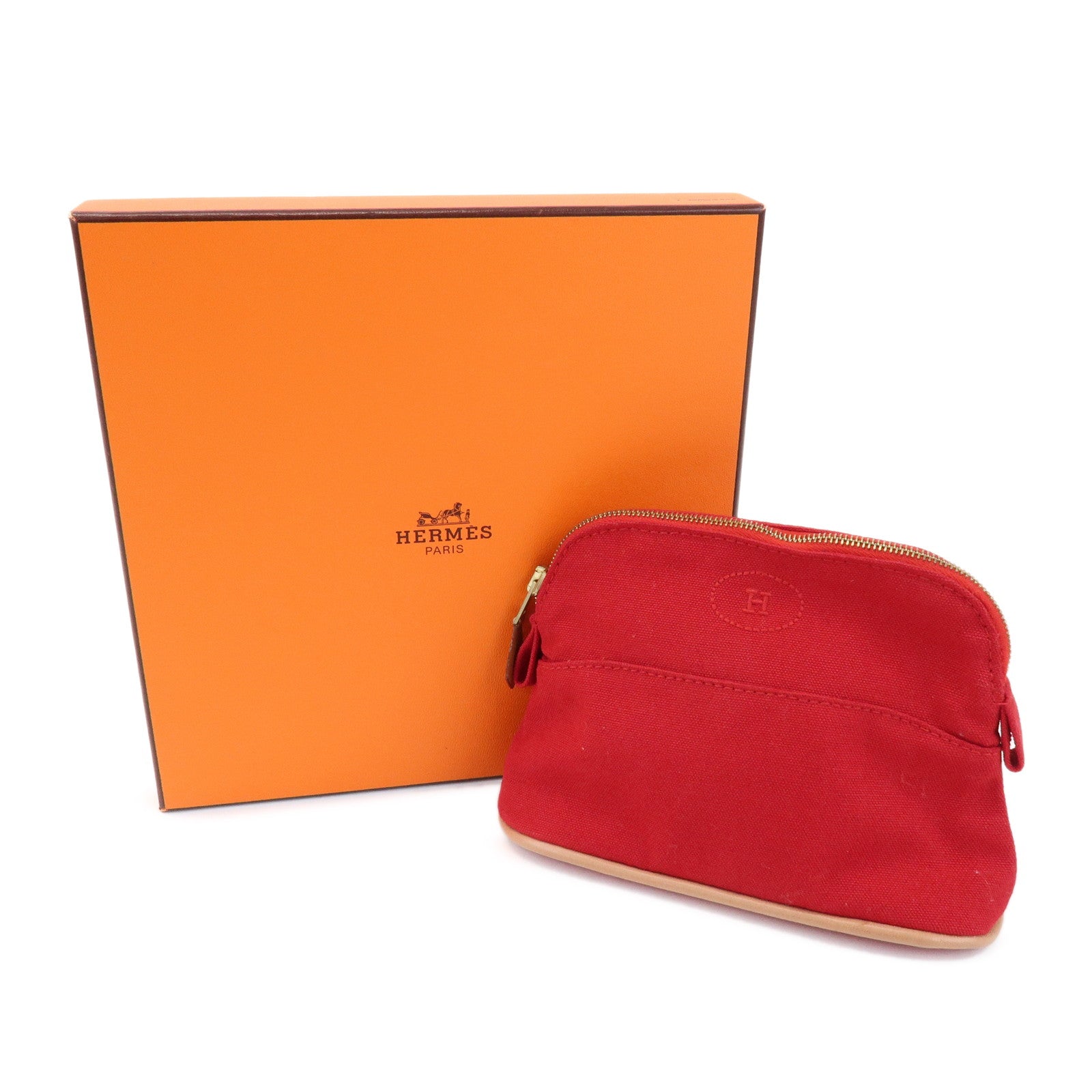 HERMES Canvas Leather Bolide Mini Mini Pouch Cosmetic Pouch Red
