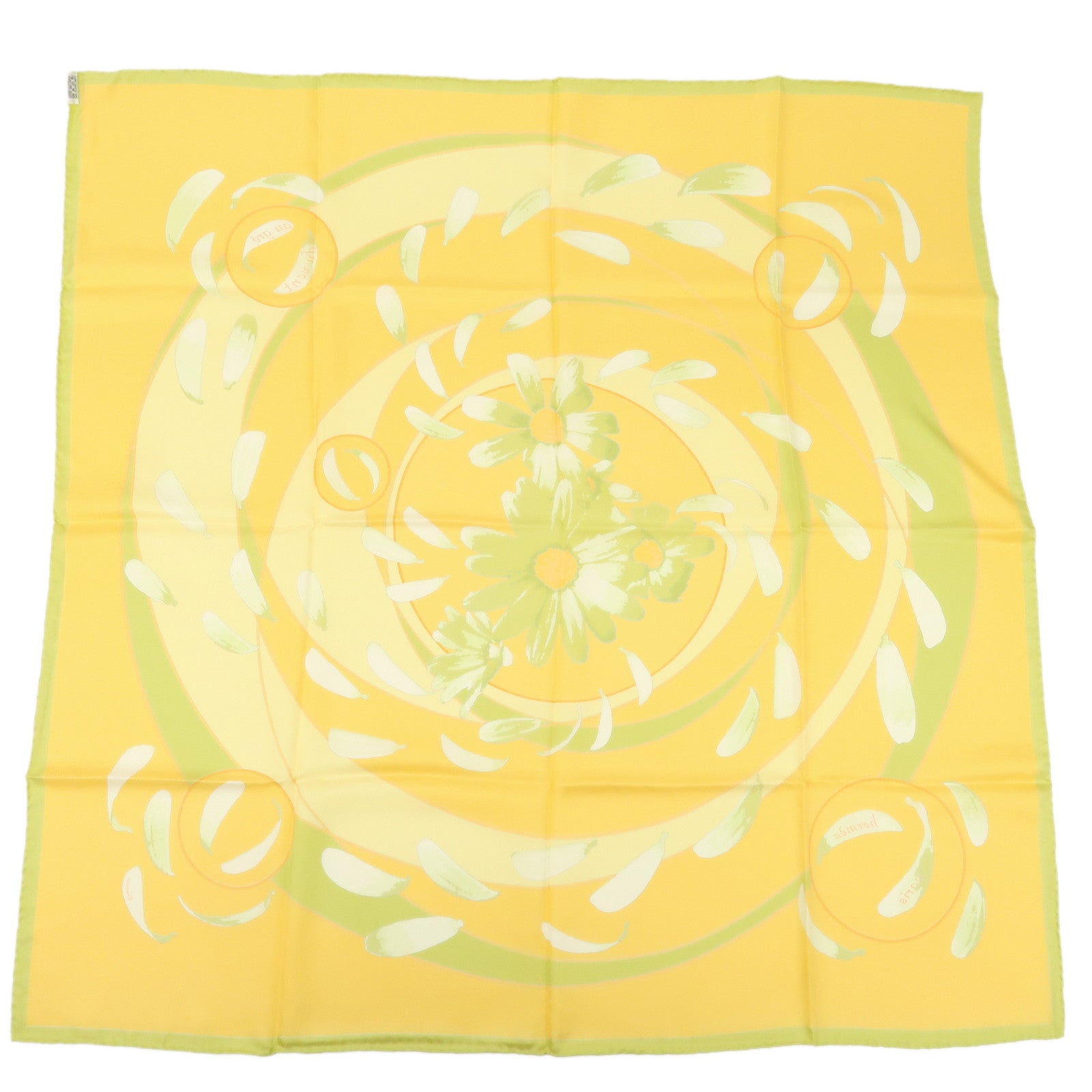 HERMES Carre 90 Silk 100% Scarf Au Gre Du Ven Yellow Light Green Used