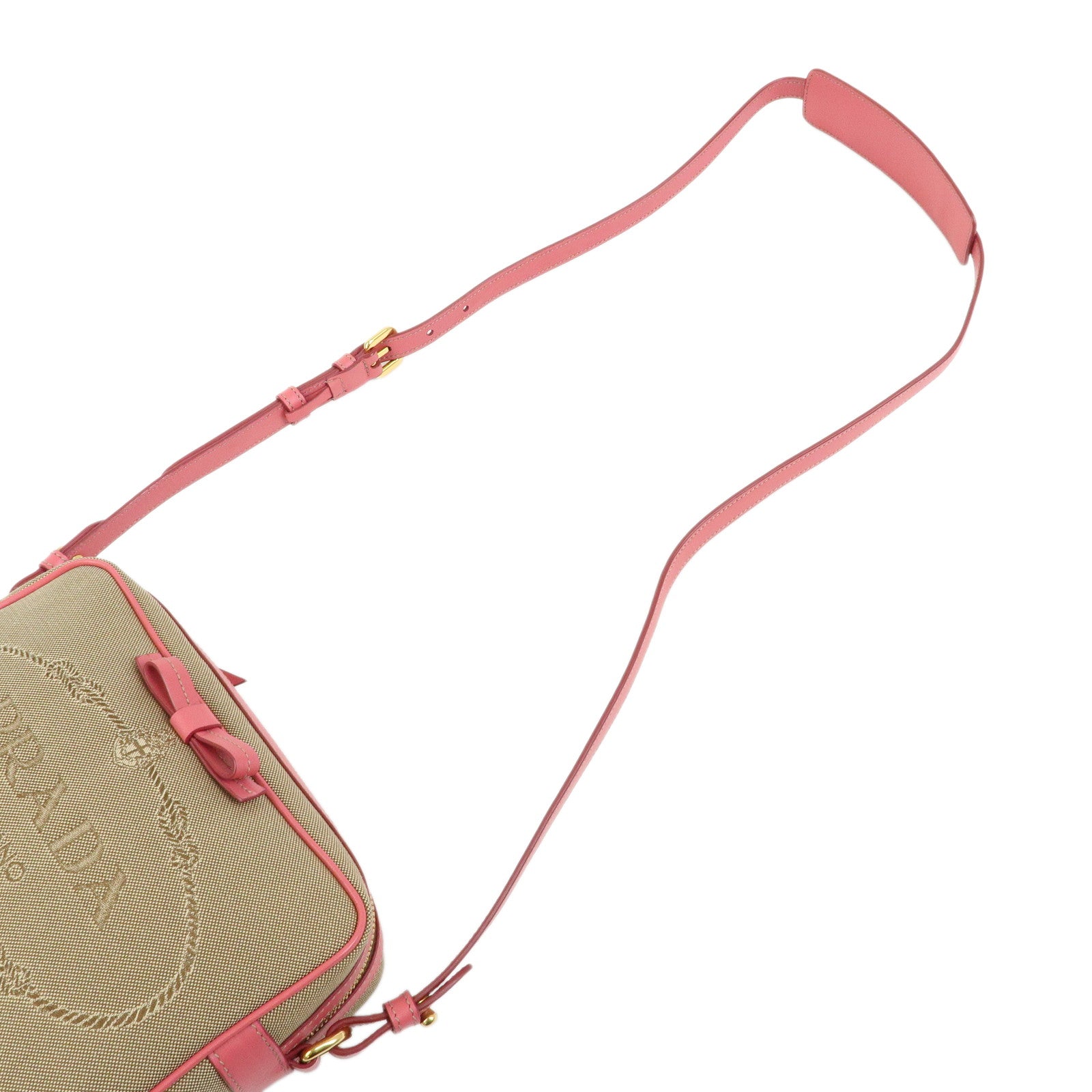 PRADA Triangle Logo Jacquard Leather Shoulder Bag Beige Pink 1BH089