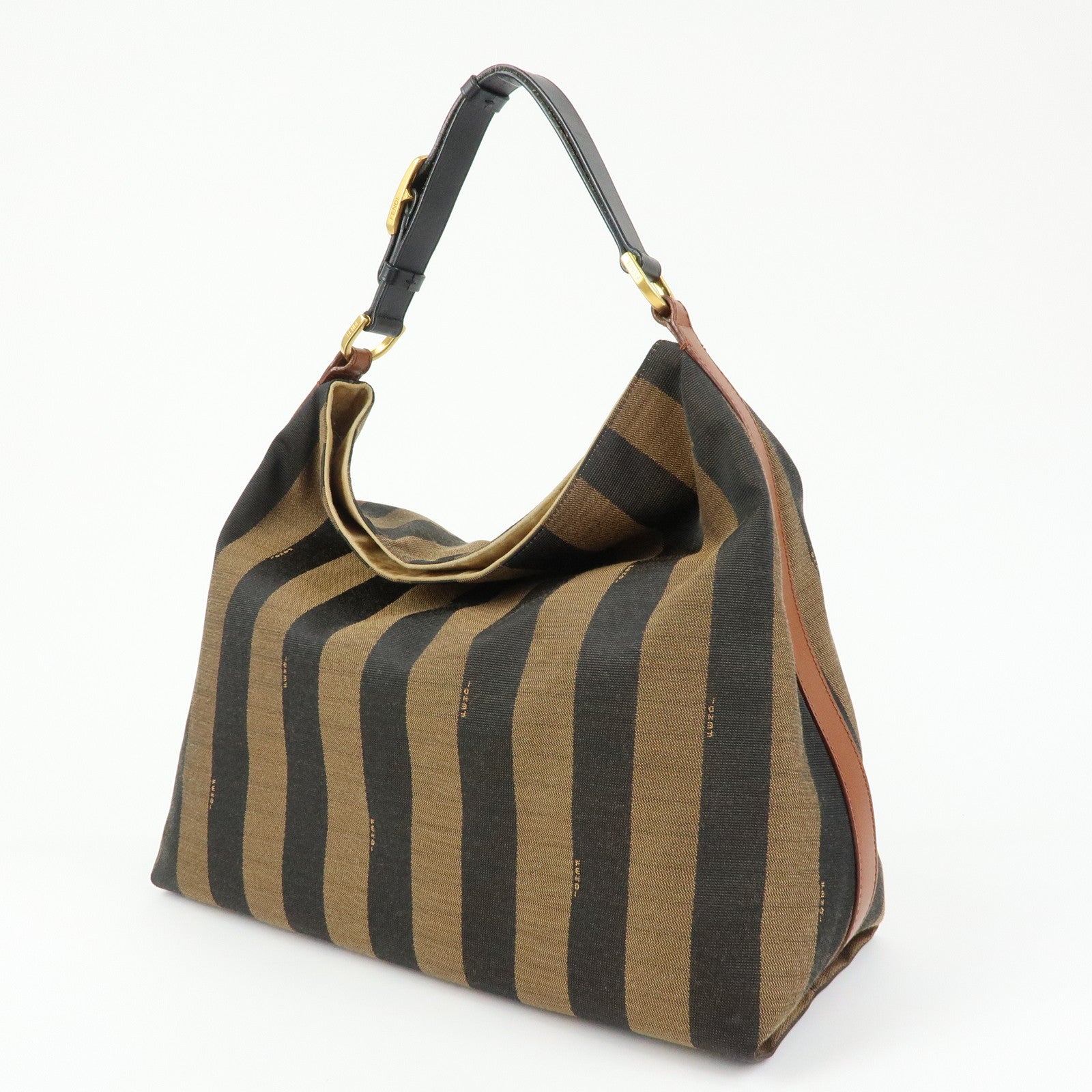 FENDI Pequin Canvas Leather Shoulder Bag Brown Black 8BR653