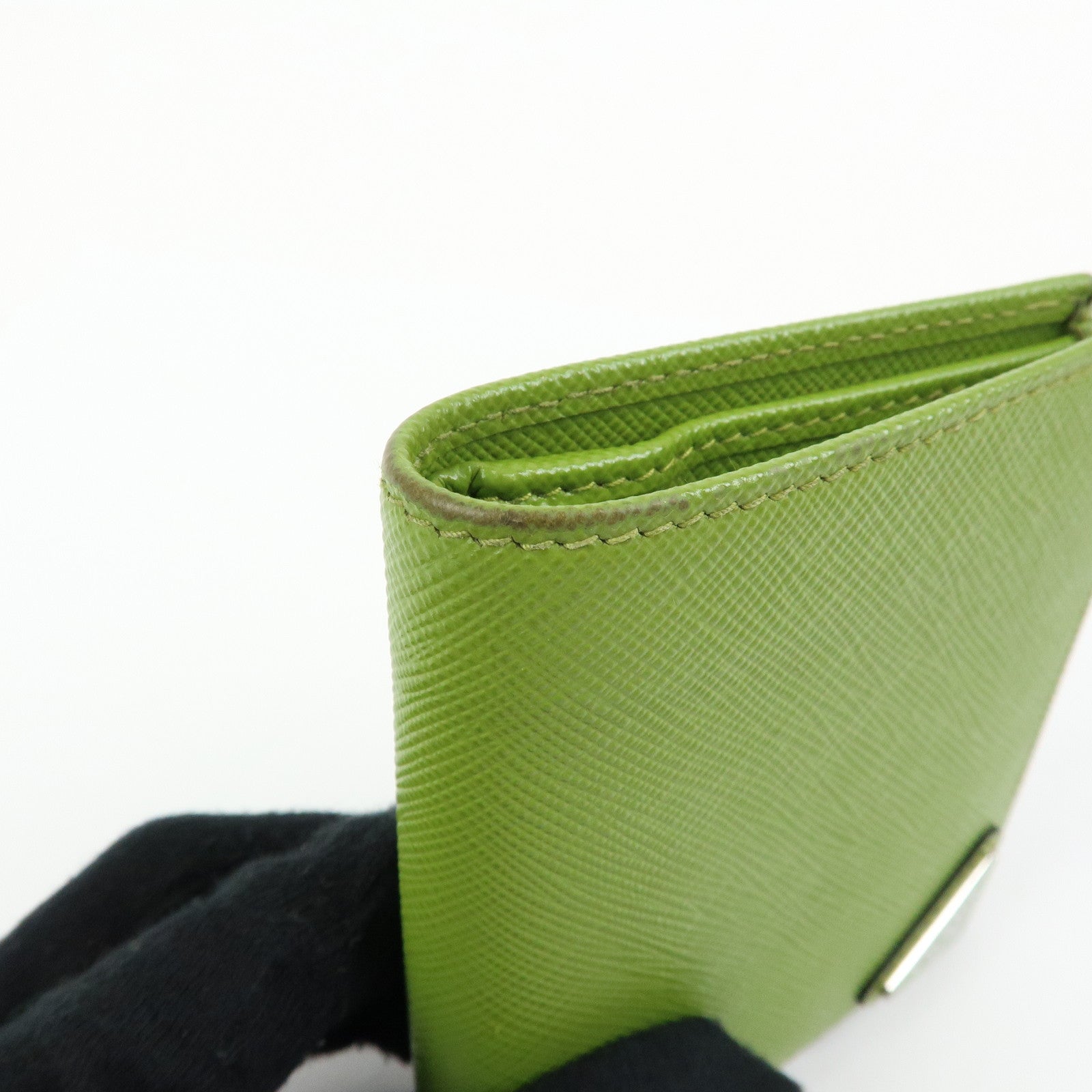 PRADA Triangle Logo Saffiano Leather Compact Wallet Light Green