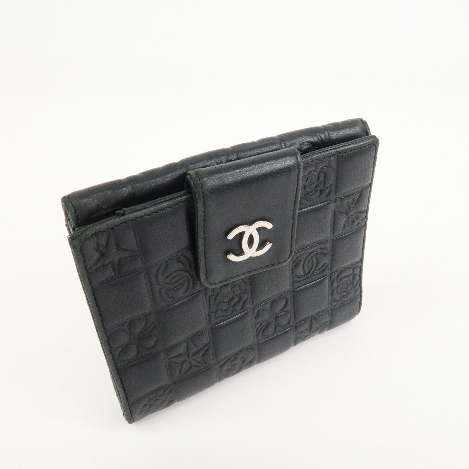 CHANEL Icon Line Lamb Skin W Flap Bi-fold Wallet Black A24212