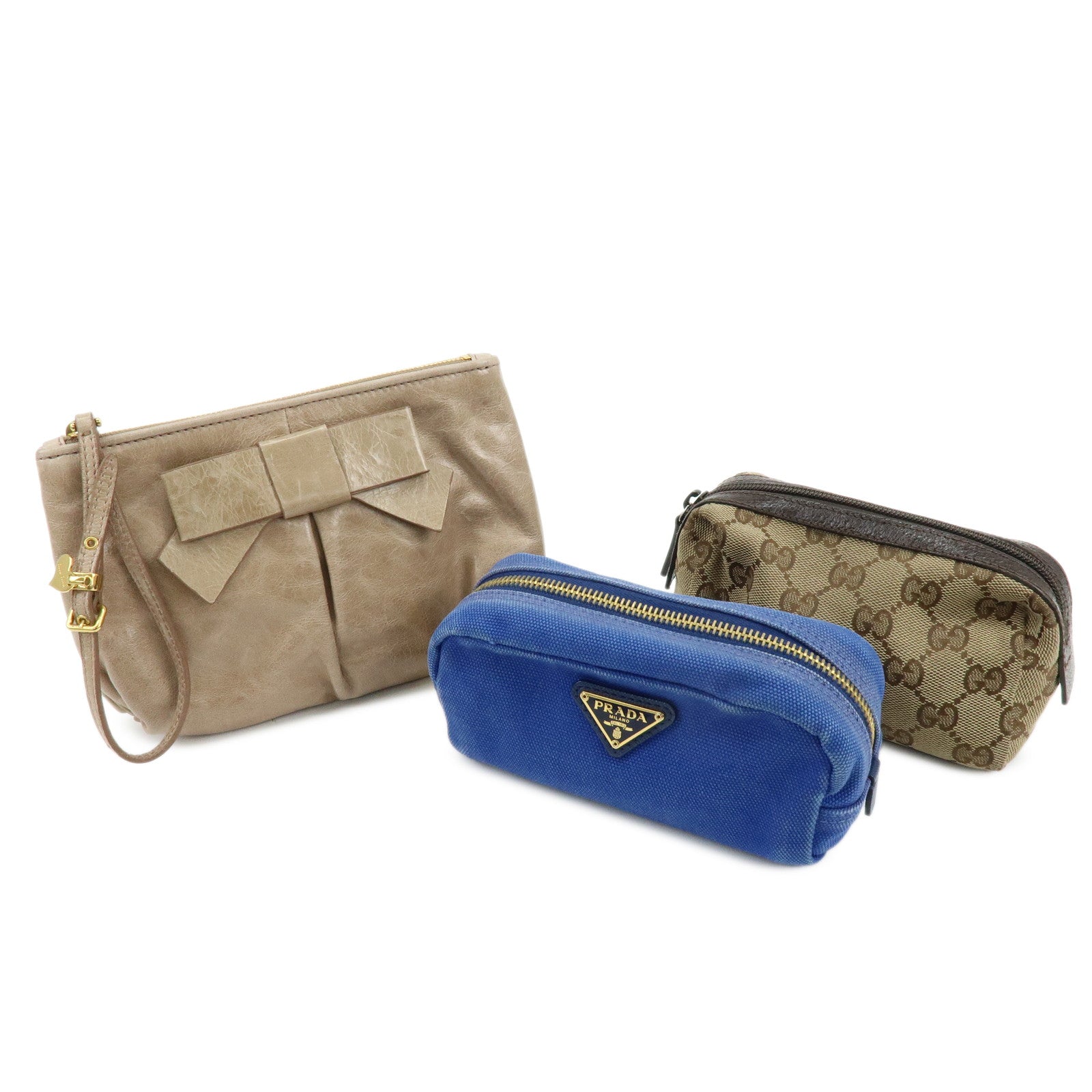 GUCCI PRADA MIUMIU Set of 3 Canvas Leather Pouch 29596/5N1681