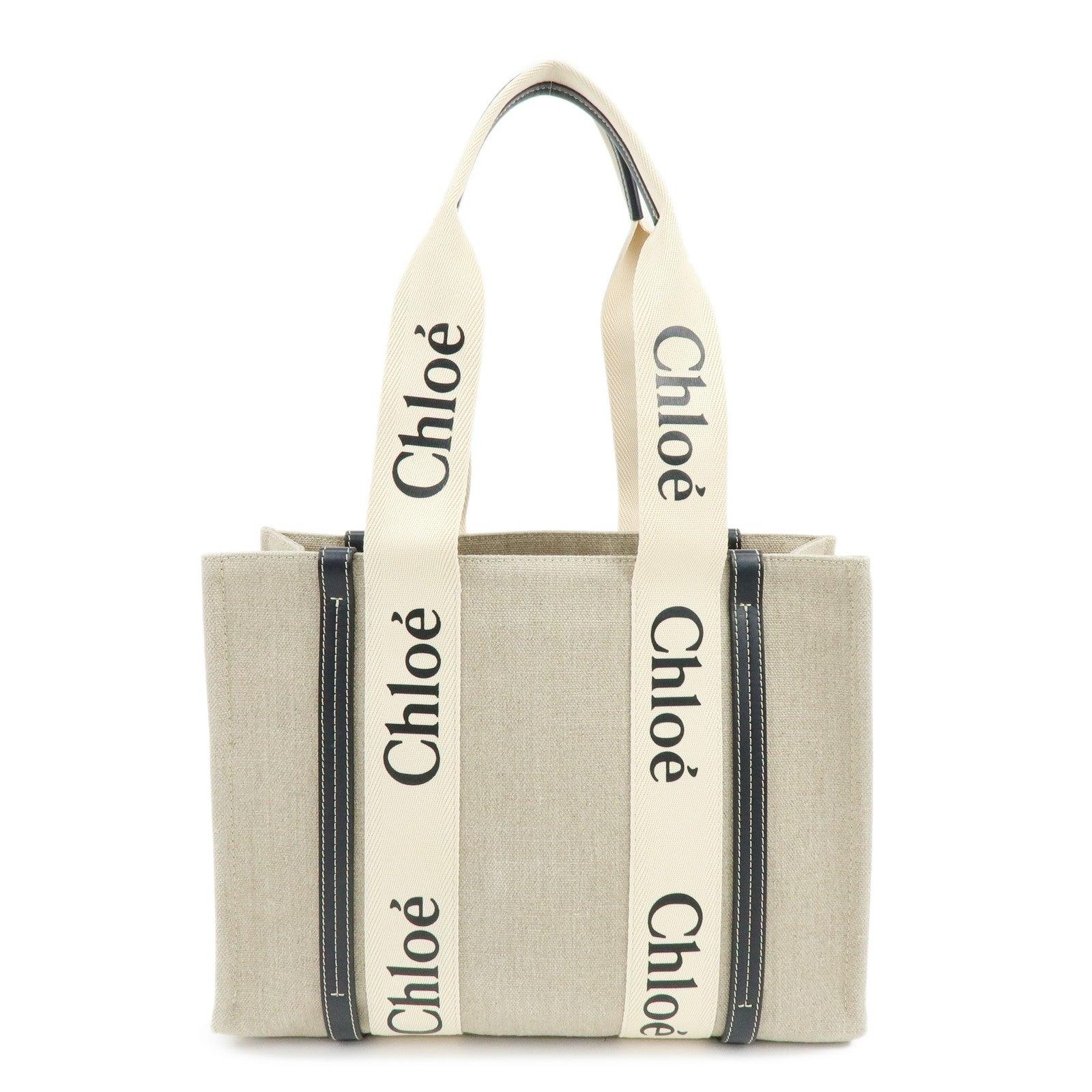 Chloe Woody Medium Canvas Leather Tote Bag Natural Navy