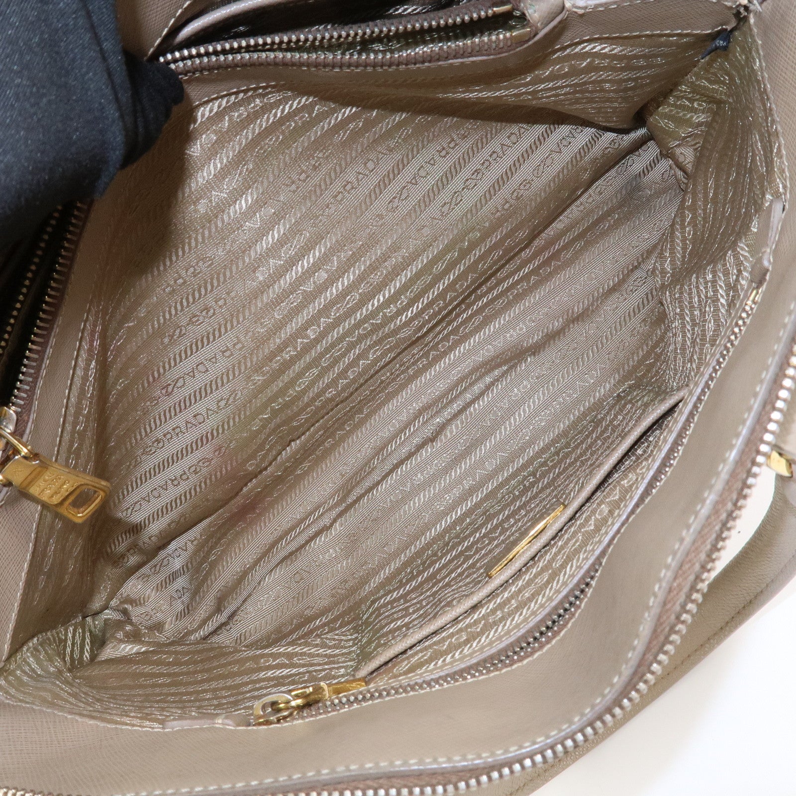 PRADA Triangle Logo Saffiano Leather Hand Bag Greige BL0812