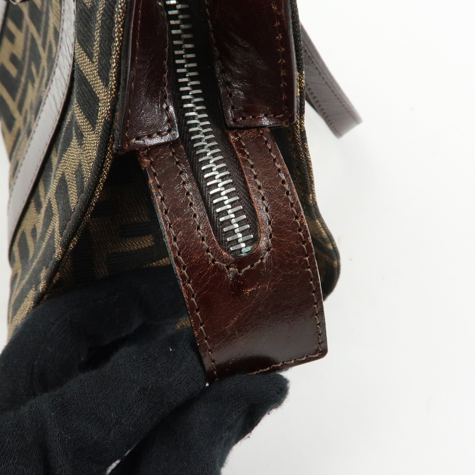 FENDI Zucca Jacquard Canvas Leather Top Handle Hand Bag Brown