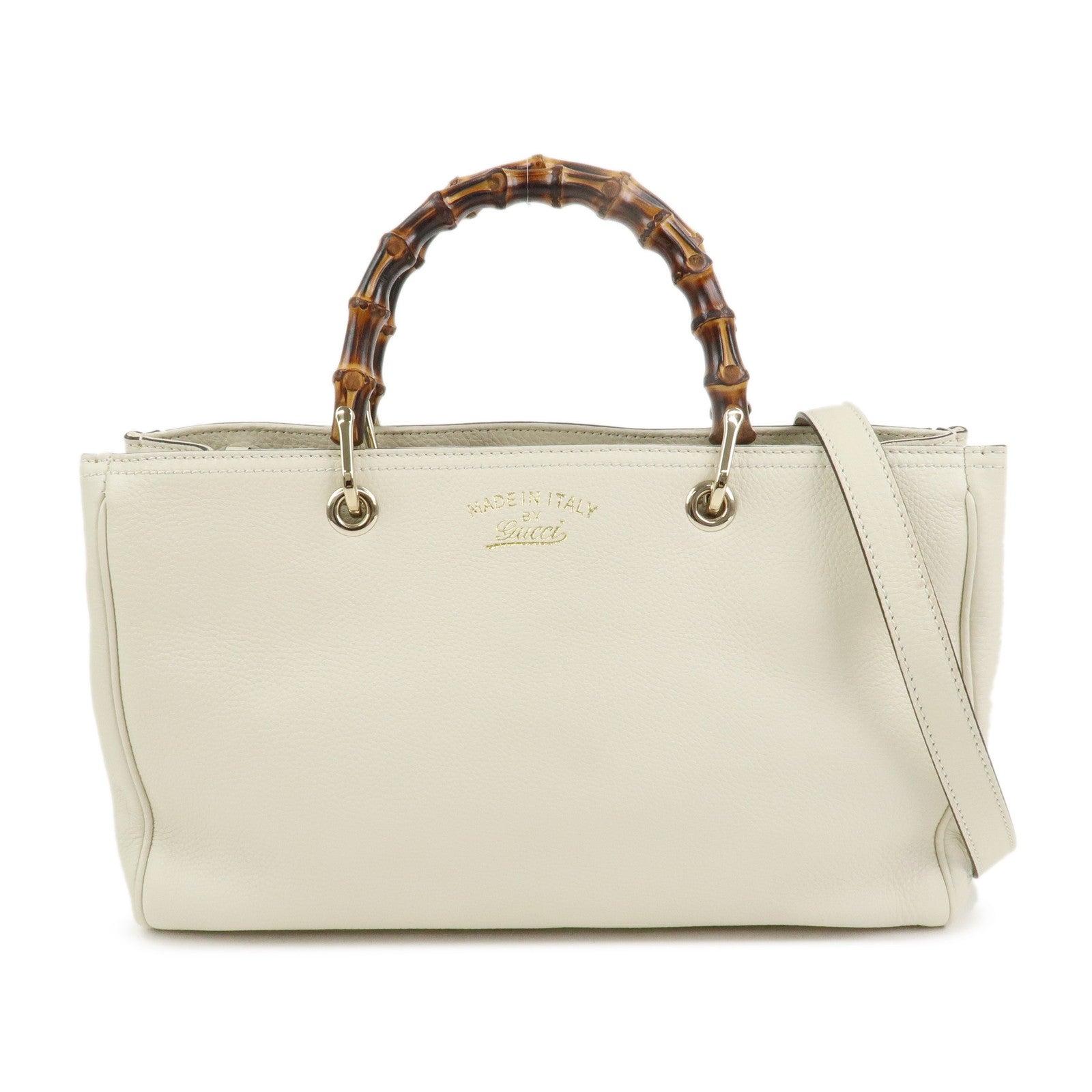 GUCCI Bamboo Leather Shopper Medium 2Way Shoulder Bag Ivory 323660