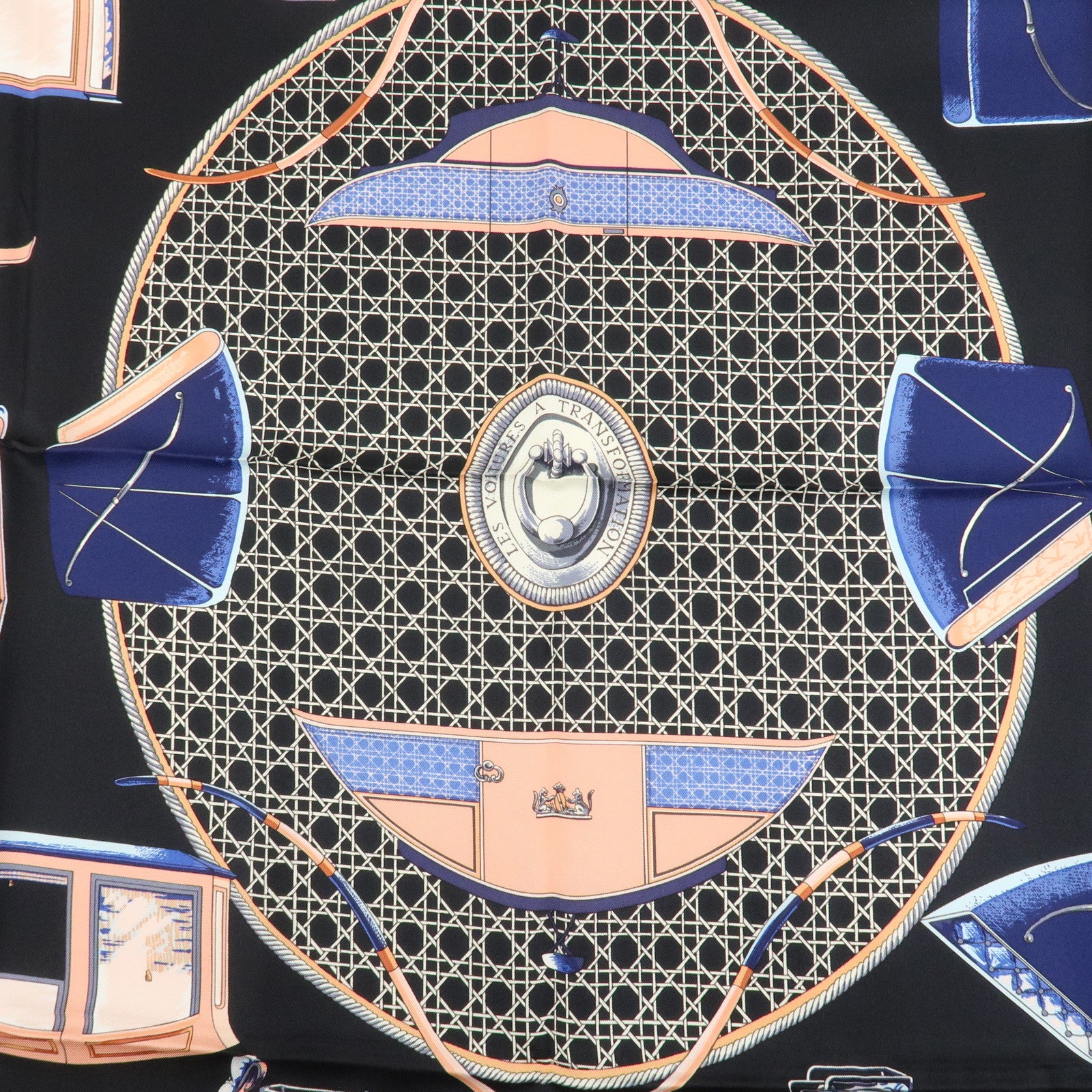 HERMES Carre 90 Silk 100% Scarf CAVALIERS FEULS Knight Print Navy Used