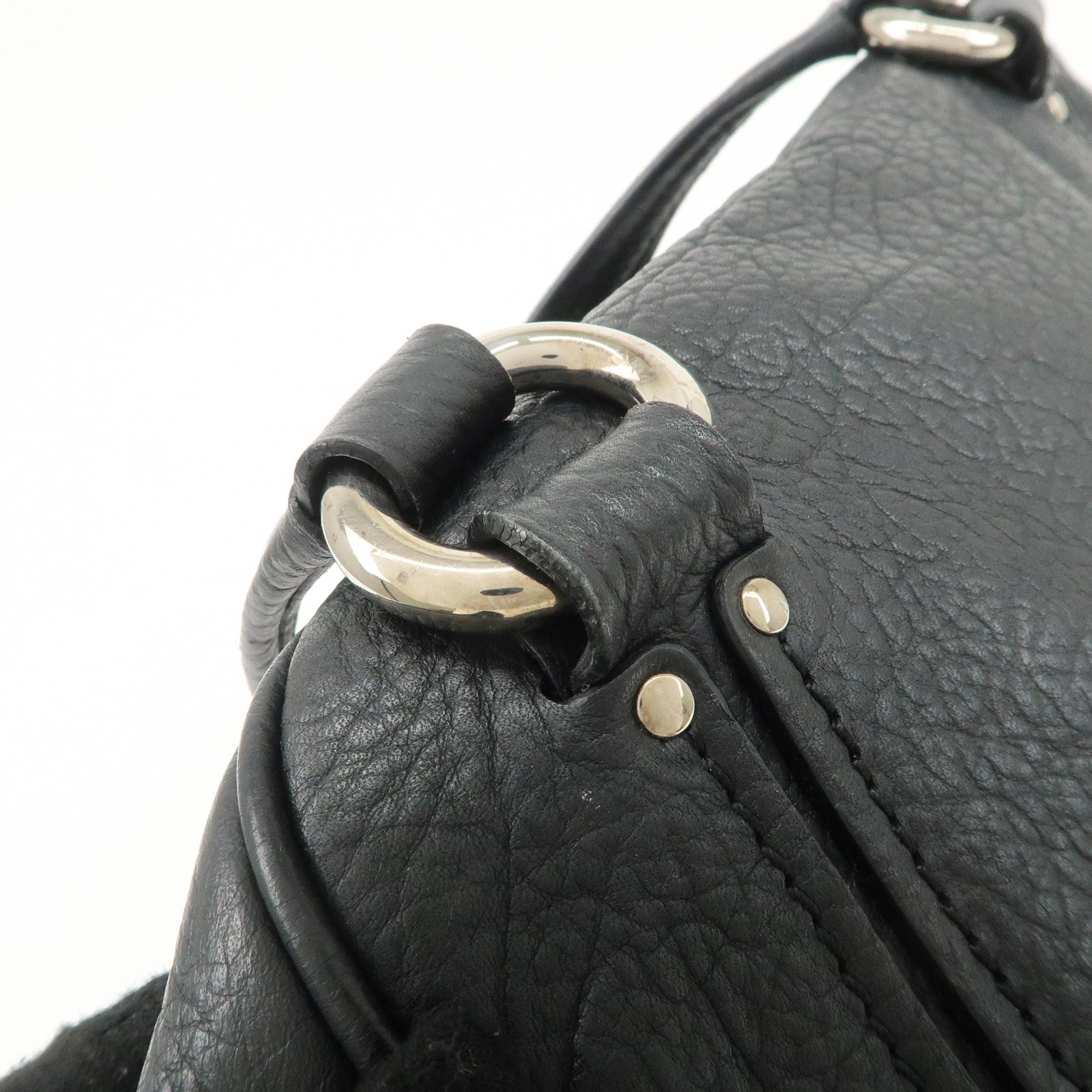 CELINE Leather Boston Bag Hand Bag Black Silver Hardware Used