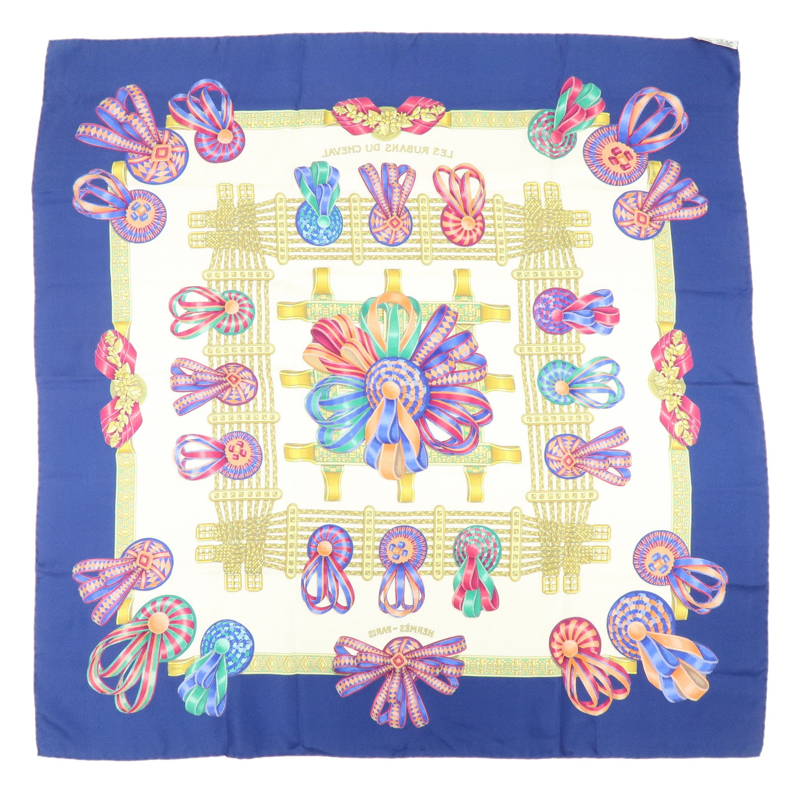 HERMES Carre 90 Silk 100% LES RUBANS DU CHEVAL Scarf Blue White