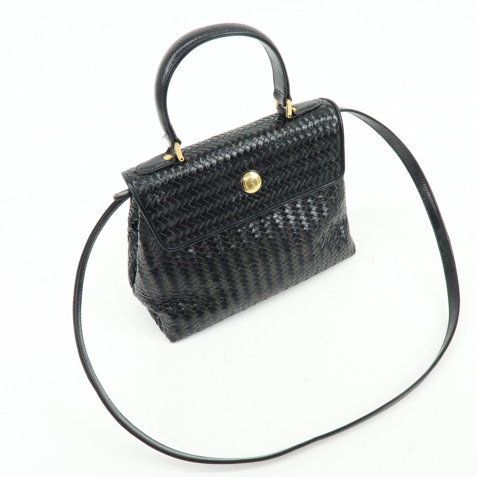 FENDI Leather 2Way Bag Hand Bag Shoulder Bag Black c-13742-2