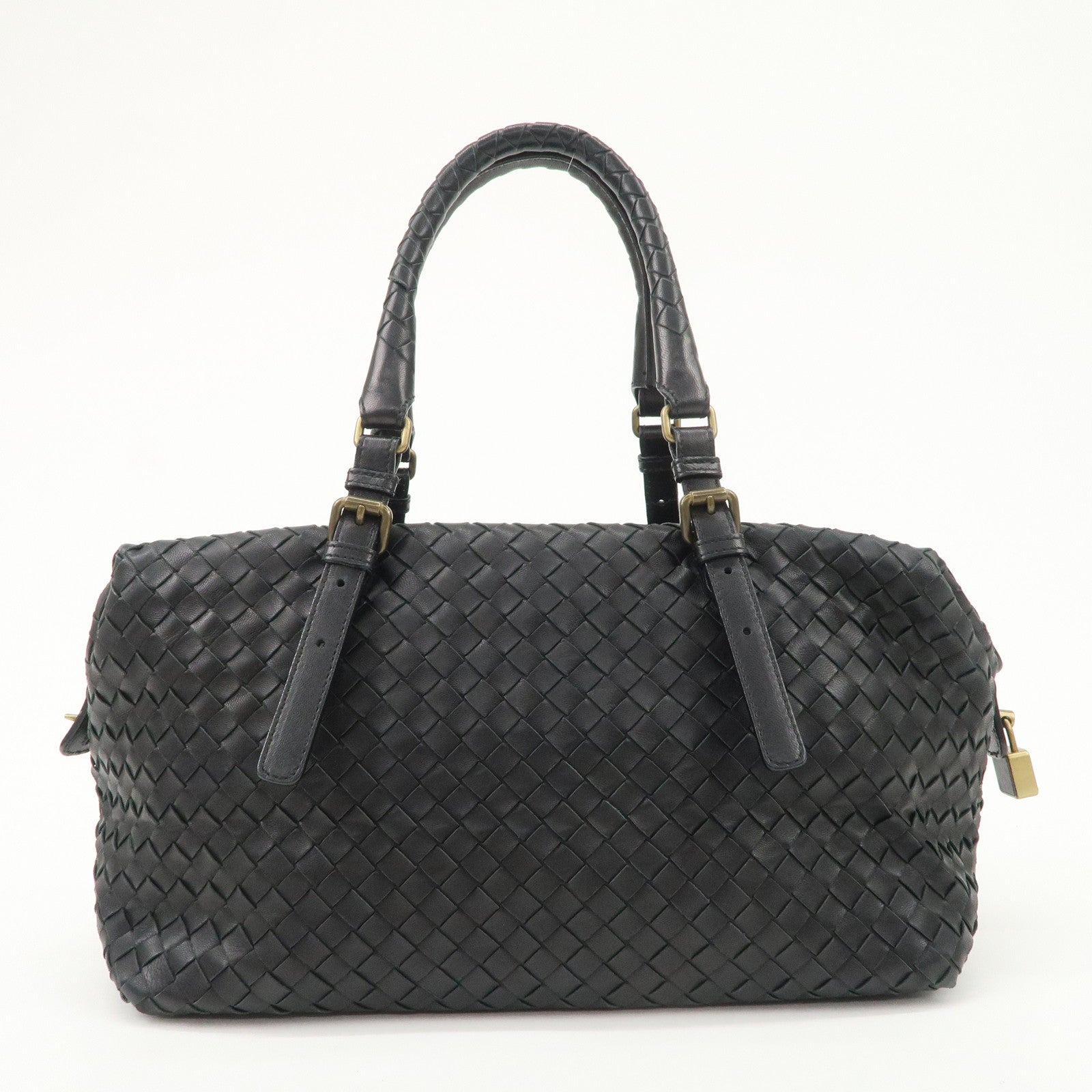 BOTTEGA VENETA Intrecciato Leather Boston Bag Hand Bag Black 173398