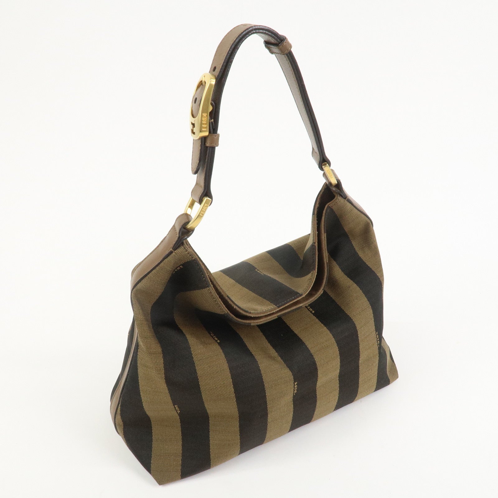 FENDI Pecan Canvas Leather Shoulder Bag Brown Black 8BR669