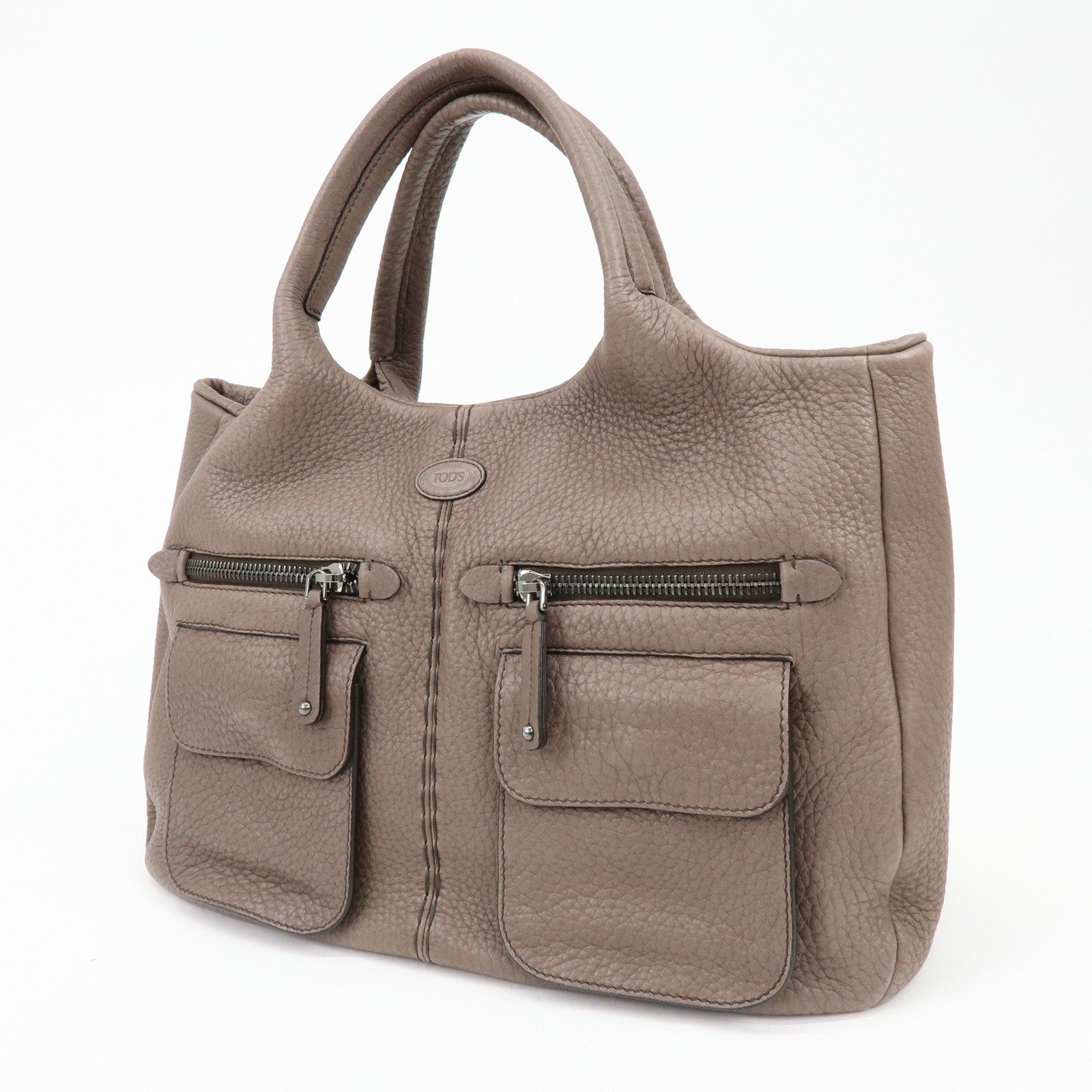 TOD'S Logo Leather Tote Bag Hand Bag Shoulder Bag Greige