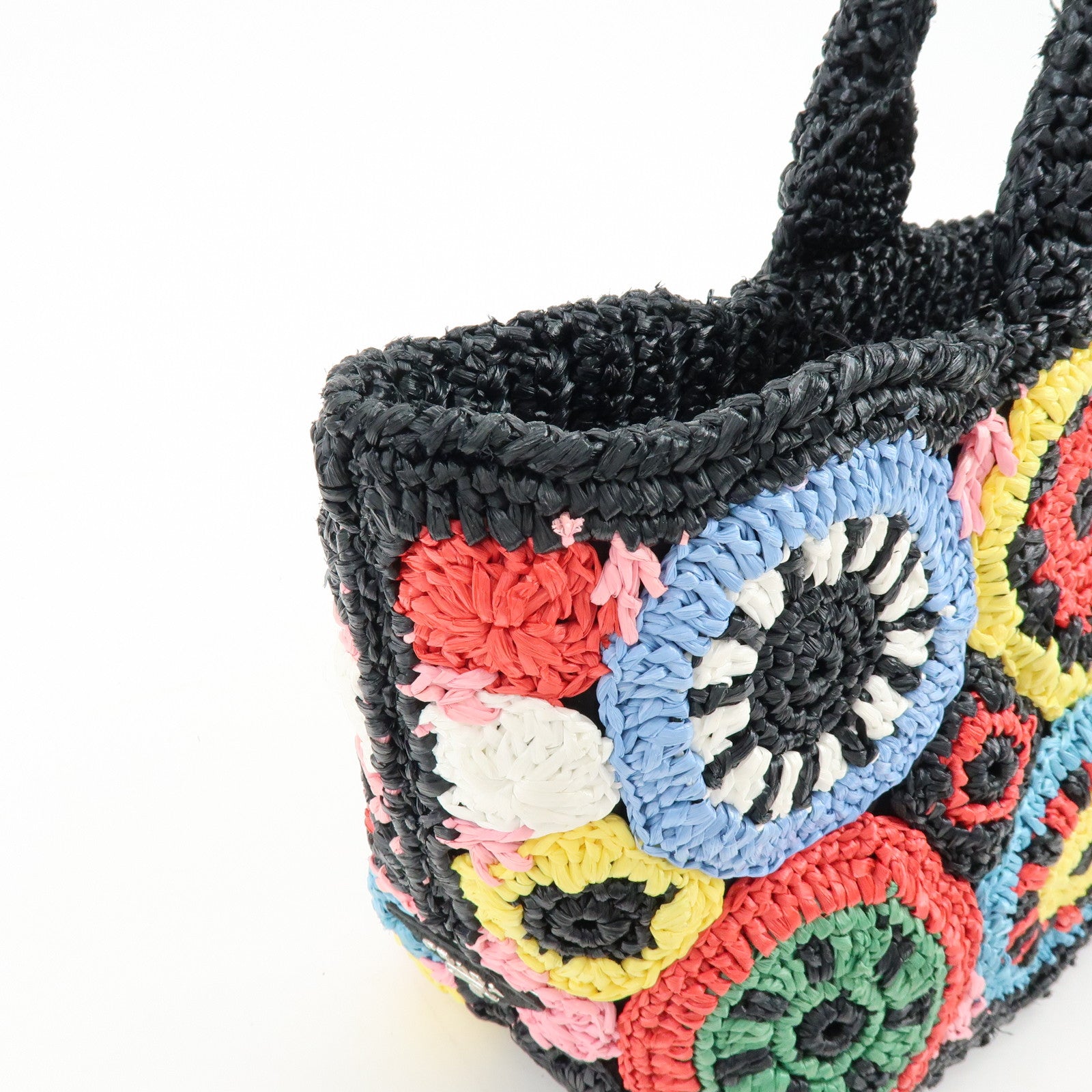 PRADA Triangle Logo Raffia 2Way Hand Bag Black Multicolor 1BG889