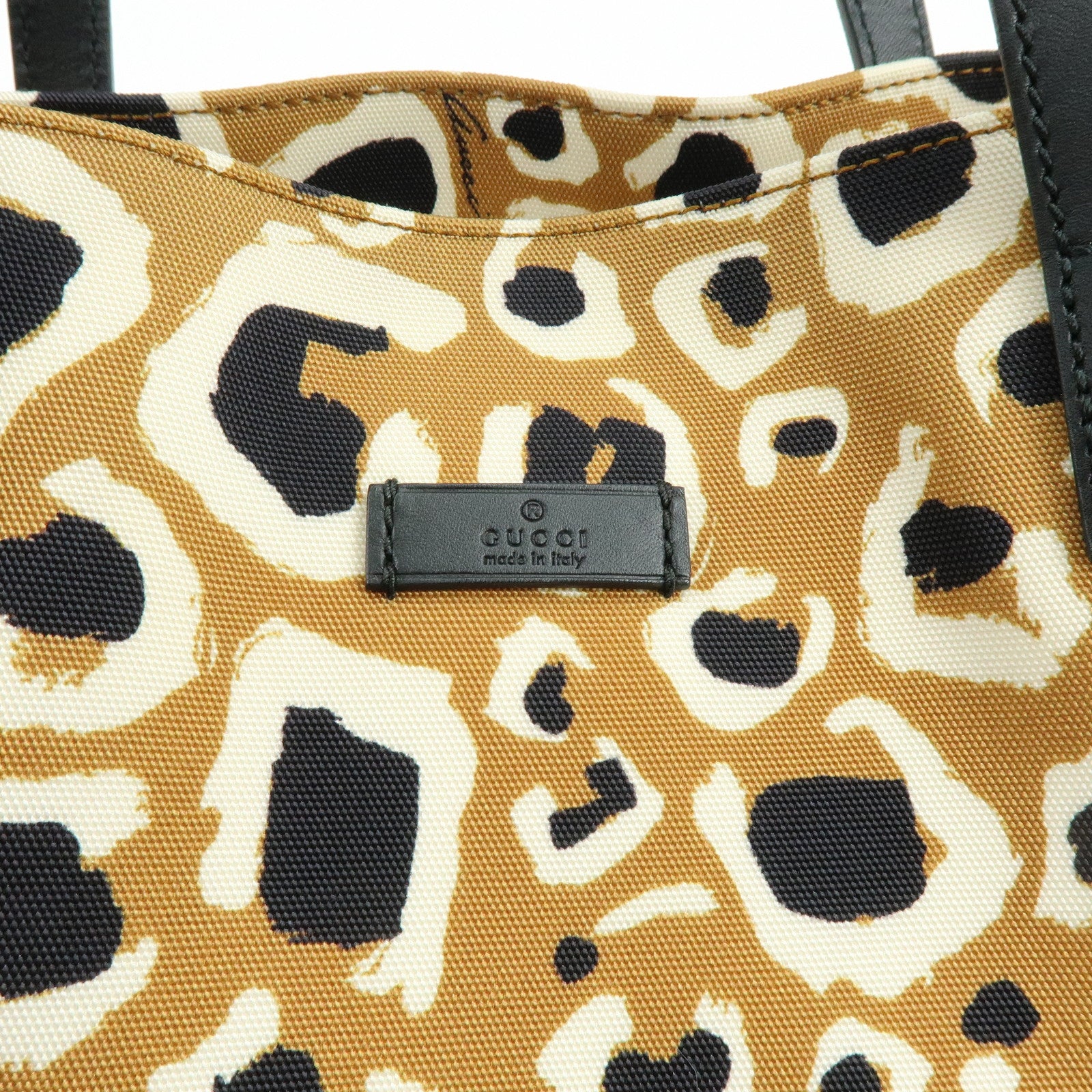 GUCCI Leopard Canvas Leather Tote Bag Hand Bag Beige Black 282439