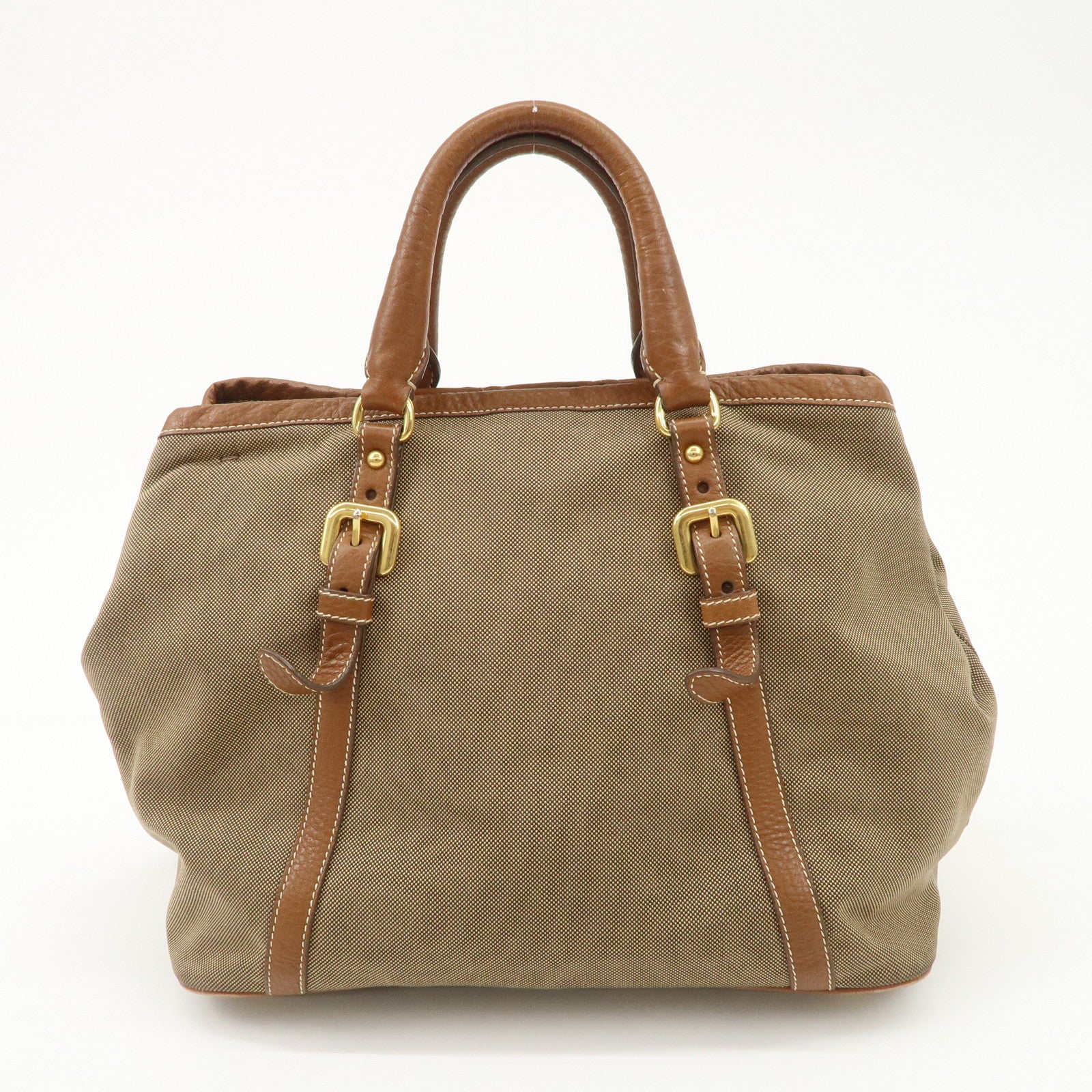 PRADA  Leather Logo Jacquard Tote Bag Ribbon Beige Brown BN1841 Used