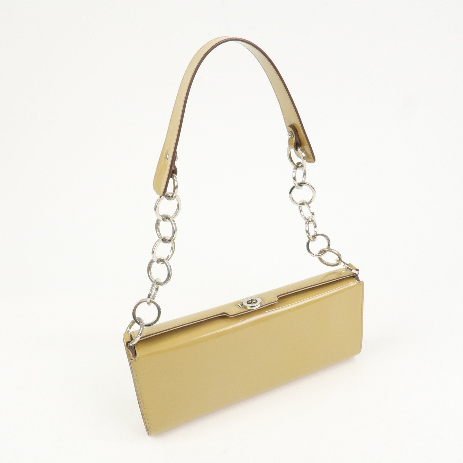 Ferragamo Gancini Patent Leather Chain Shoulder Bag Hand Bag Beige