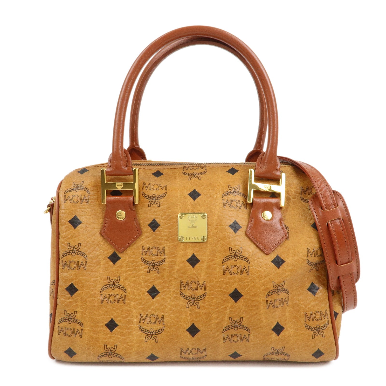 MCM Visetos Leather 2Way Bag Boston Bag Cognac