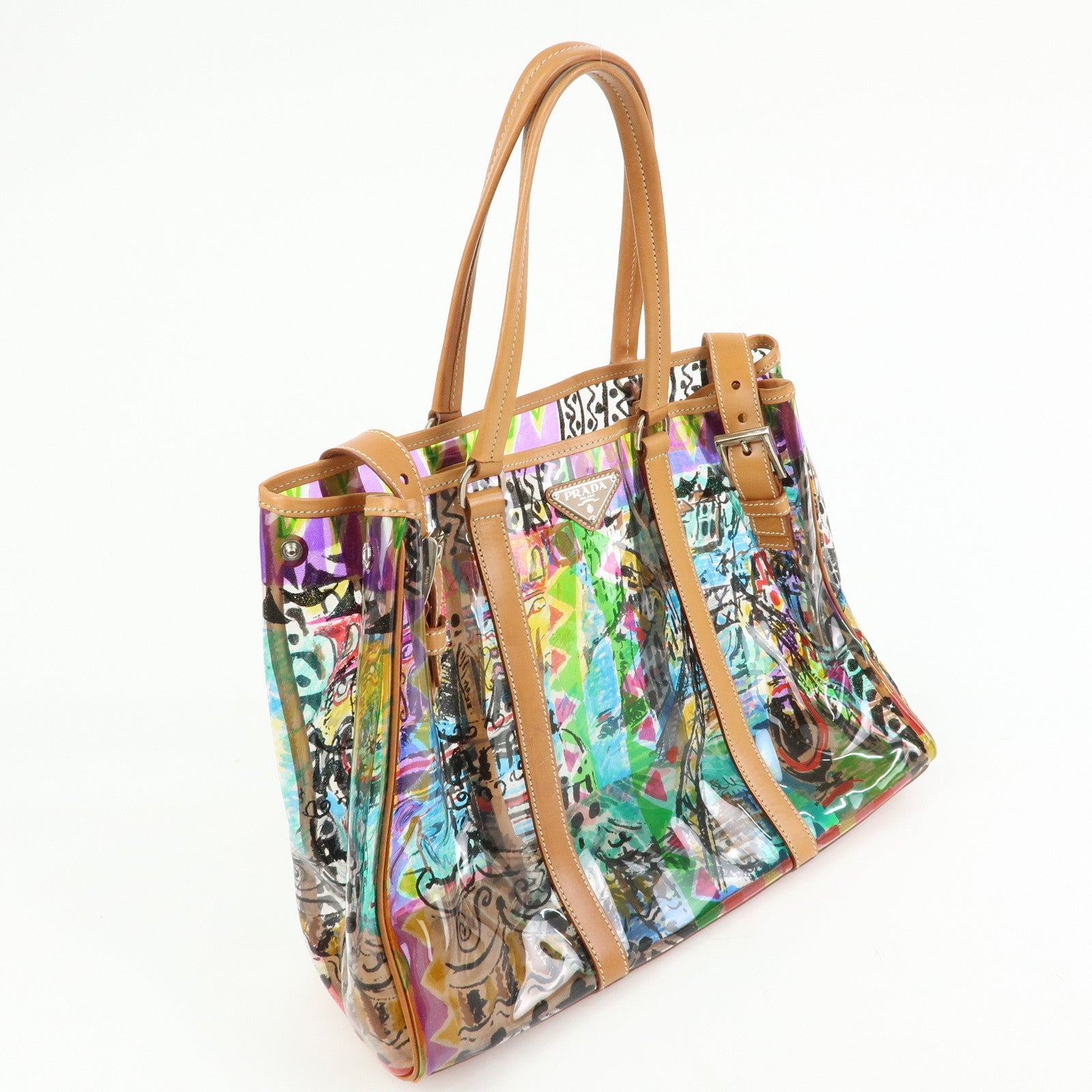 PRADA Venetian Print PVC Leather Tote Bag Clear Multicolor BR2515