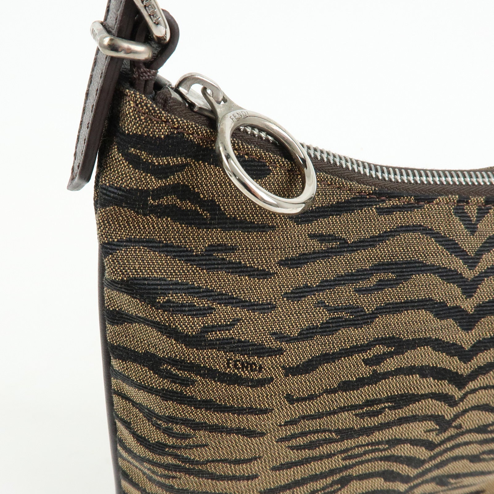 FENDI Canvas Leather Shoulder Bag Leopard Brown Black 8BR248