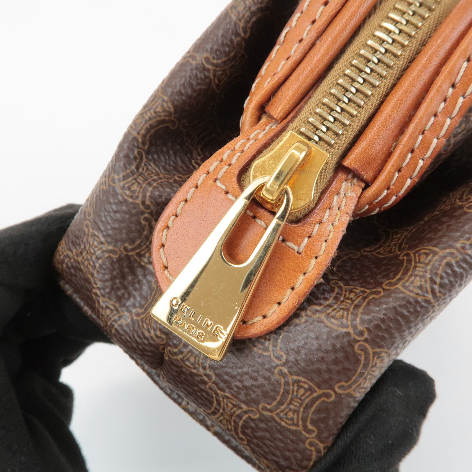CELINE Macadam PVC Leather Canvas Pouch Brown Gold Hardware