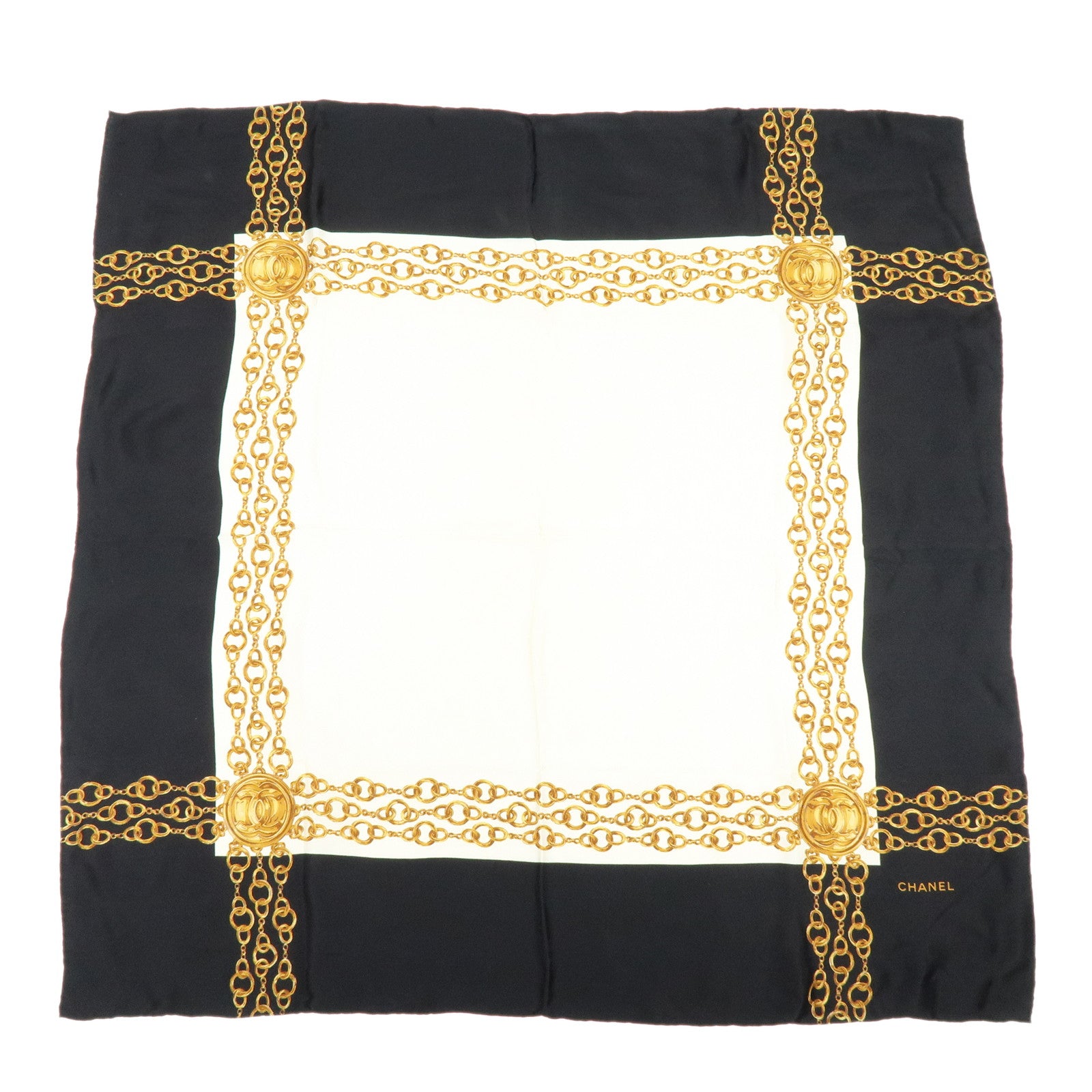 CHANEL Silk 100% Scarf Gold Chain Motif Black White