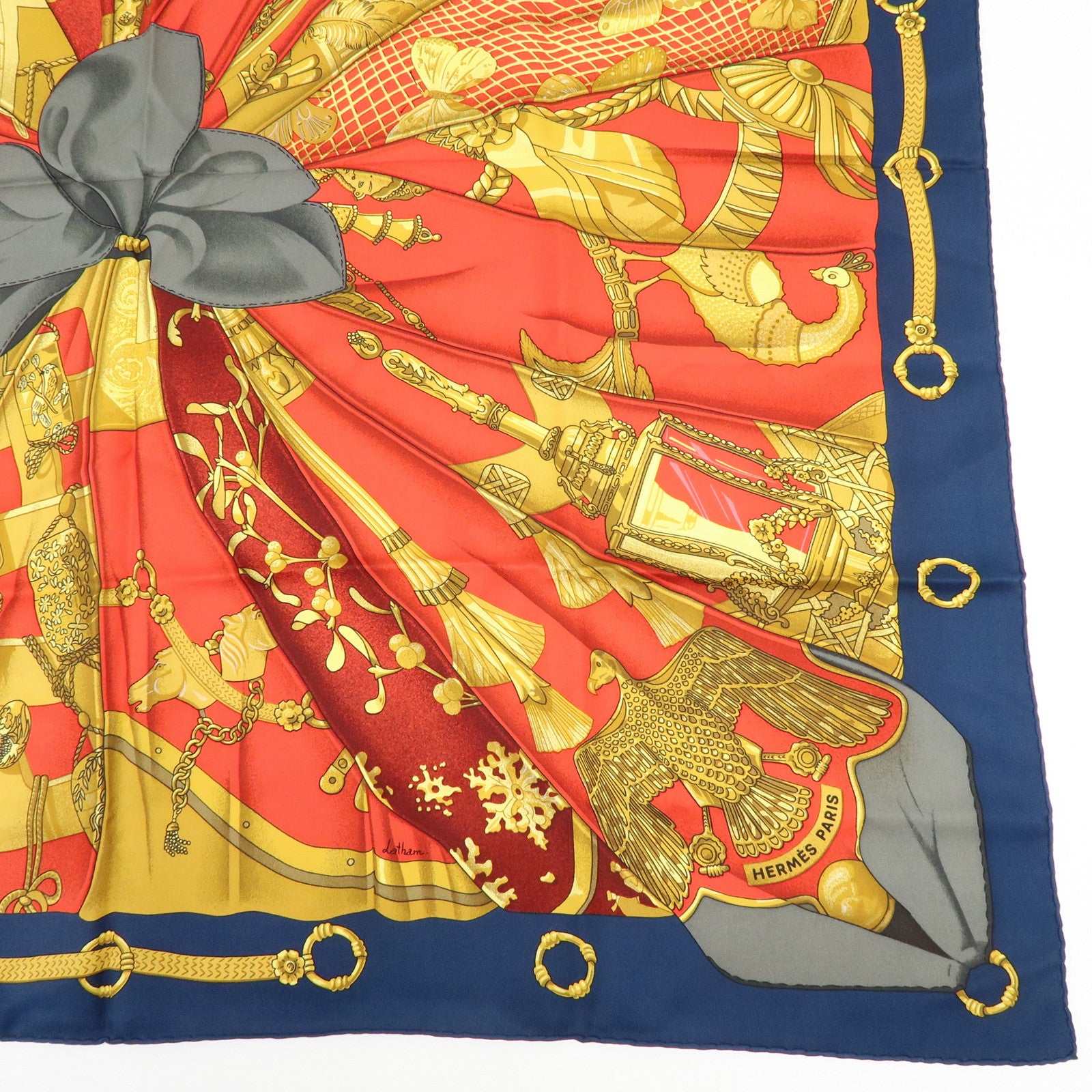 HERMES Carre 90 Silk 100% Soleil de Soie Scarf Gold Red Navy