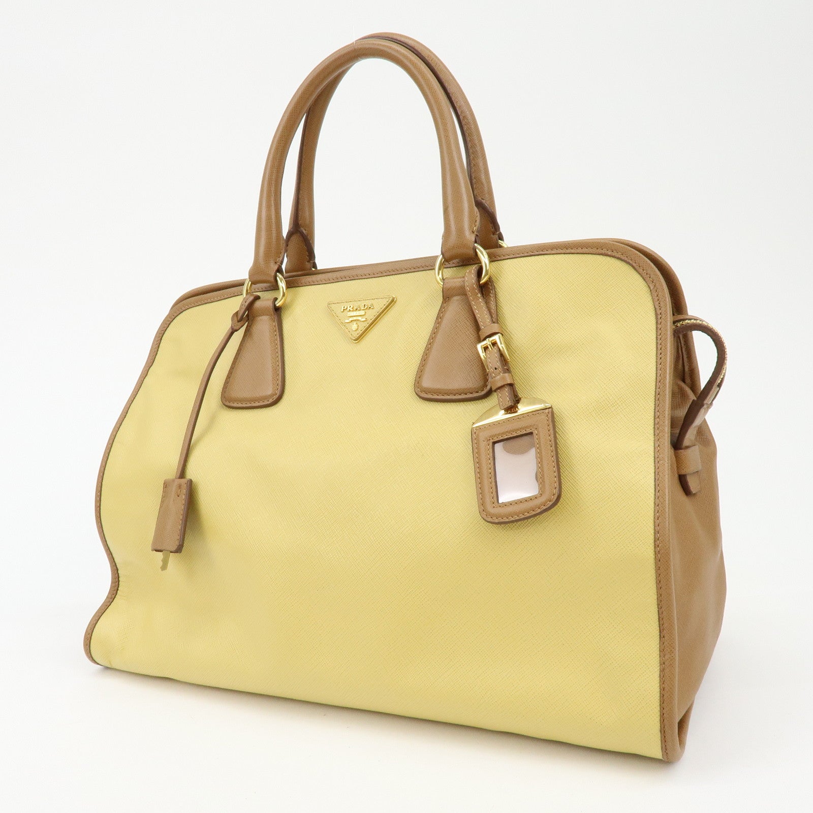 PRADA Triangle Logo Saffiano Leather Boston Bag Mustard Light Brown
