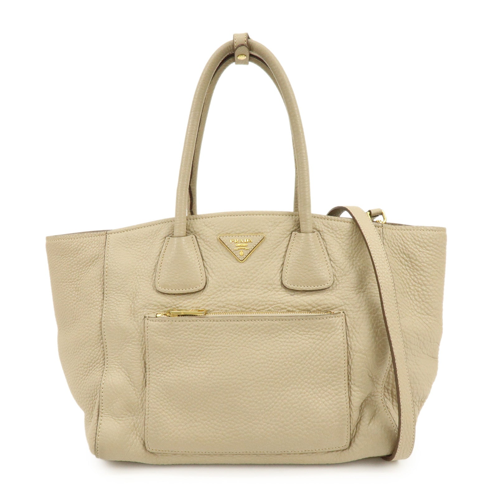 PRADA Triangle Logo Leather 2Way Hand Shoulder Bag Beige BN2795