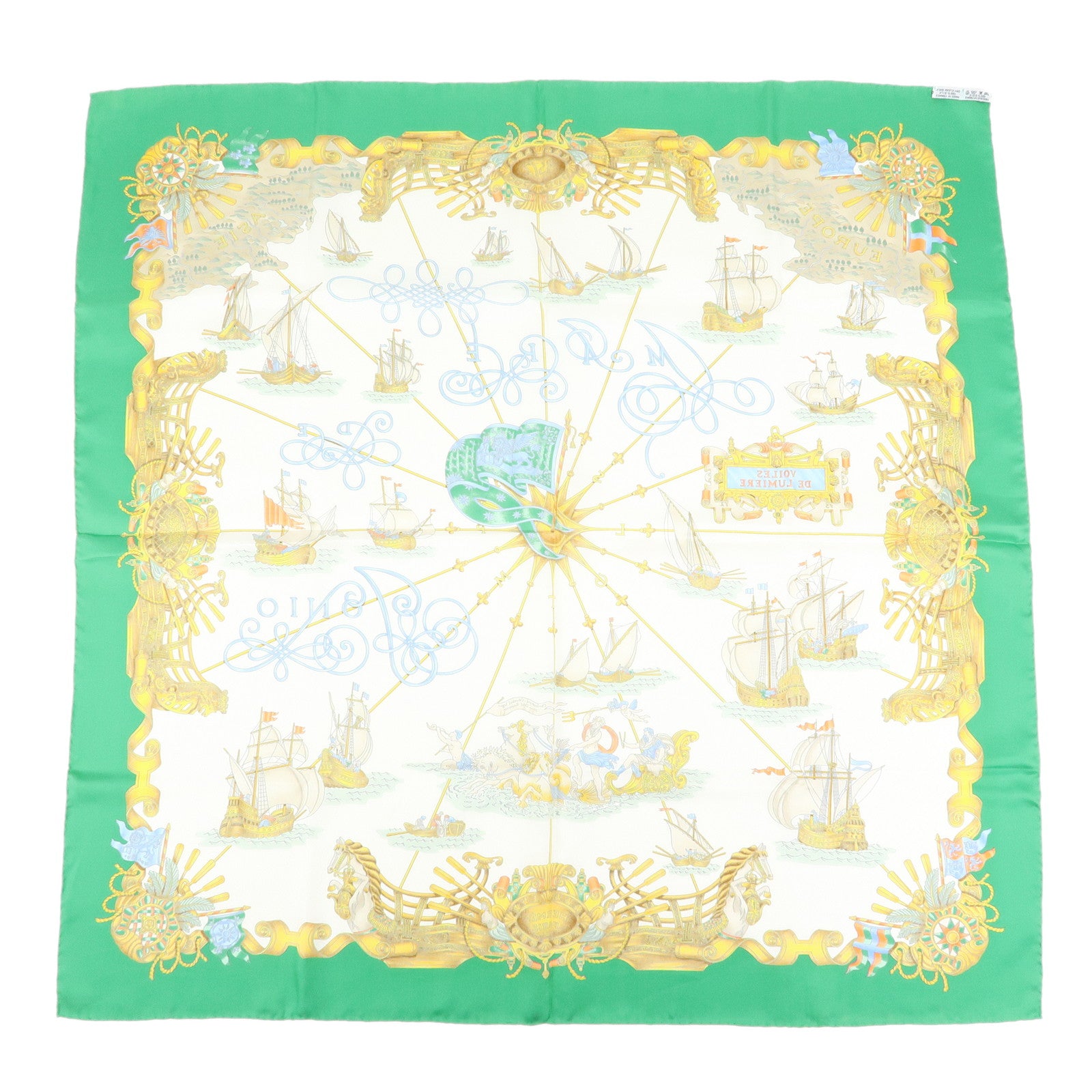 HERMES Carre 90 Silk 100% Scarf VOILES DE LUMIERE Gold Green