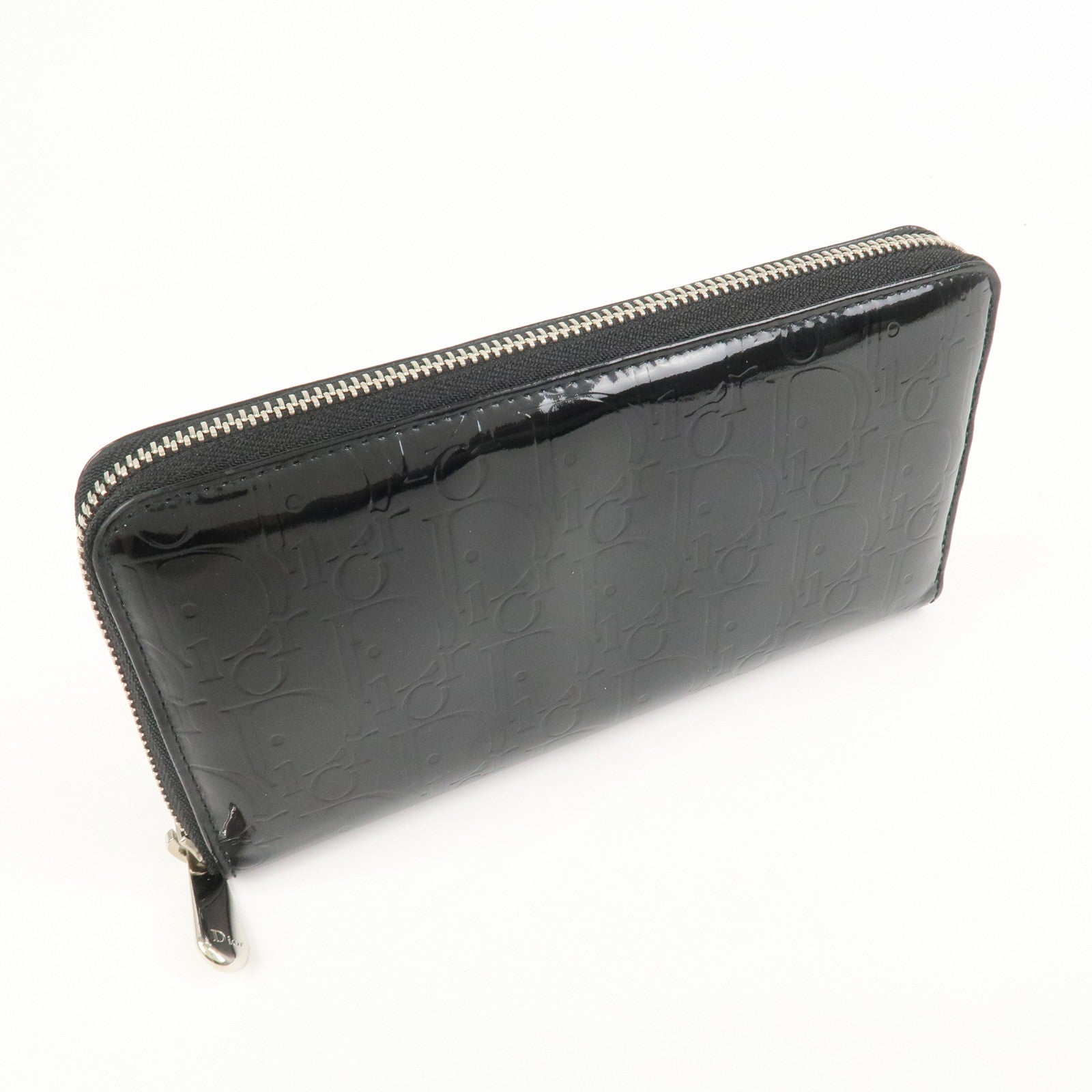Christian Dior Trotter Patent Leather Round Zippy Long Wallet Black