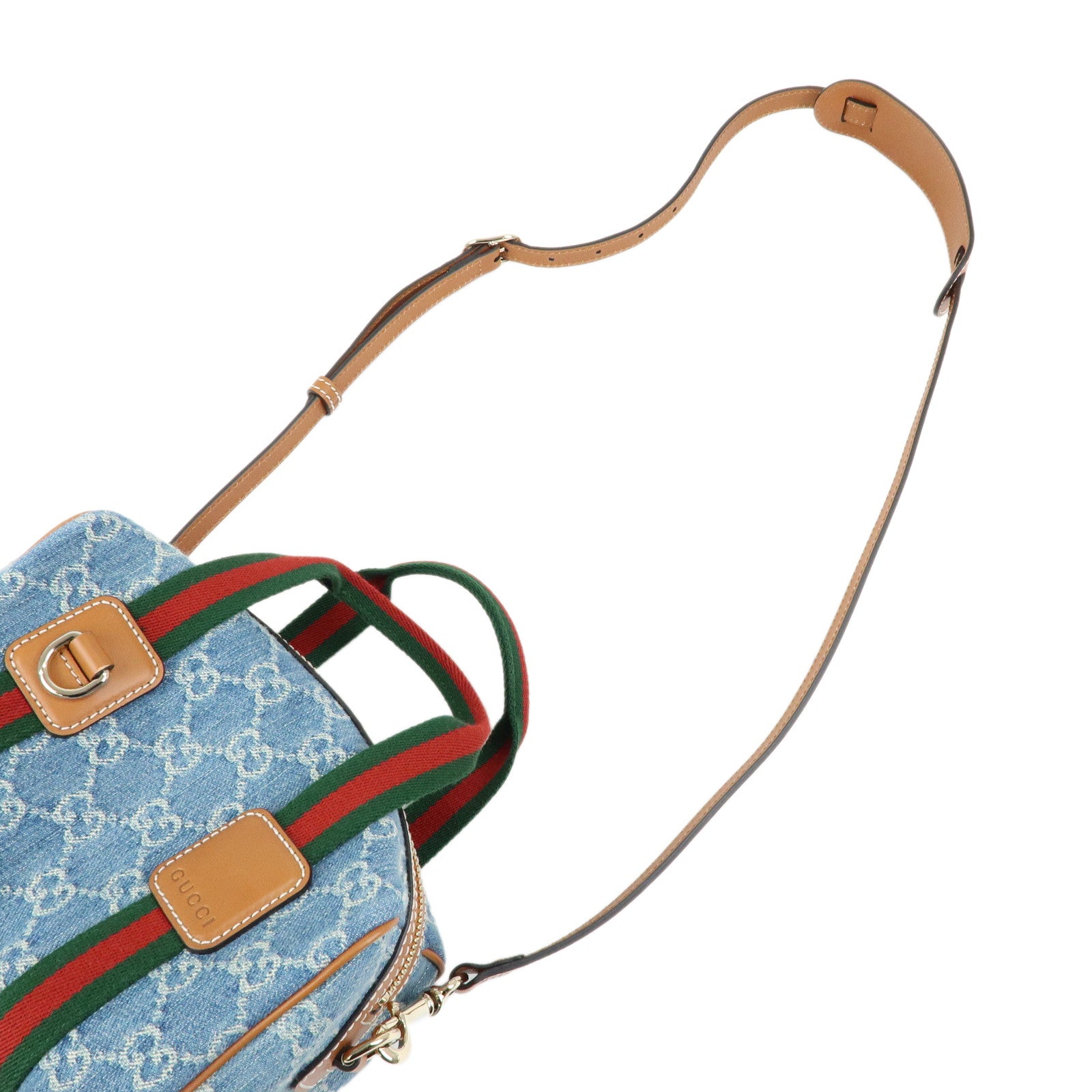 GUCCI Sherry GG Denim Leather 2Way Boston Bag Blue Brown 859975