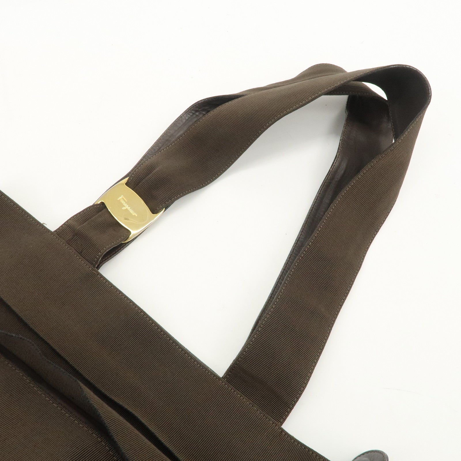 Ferragamo Vara Logo Canvas Tote Bag Shoulder Bag Brown