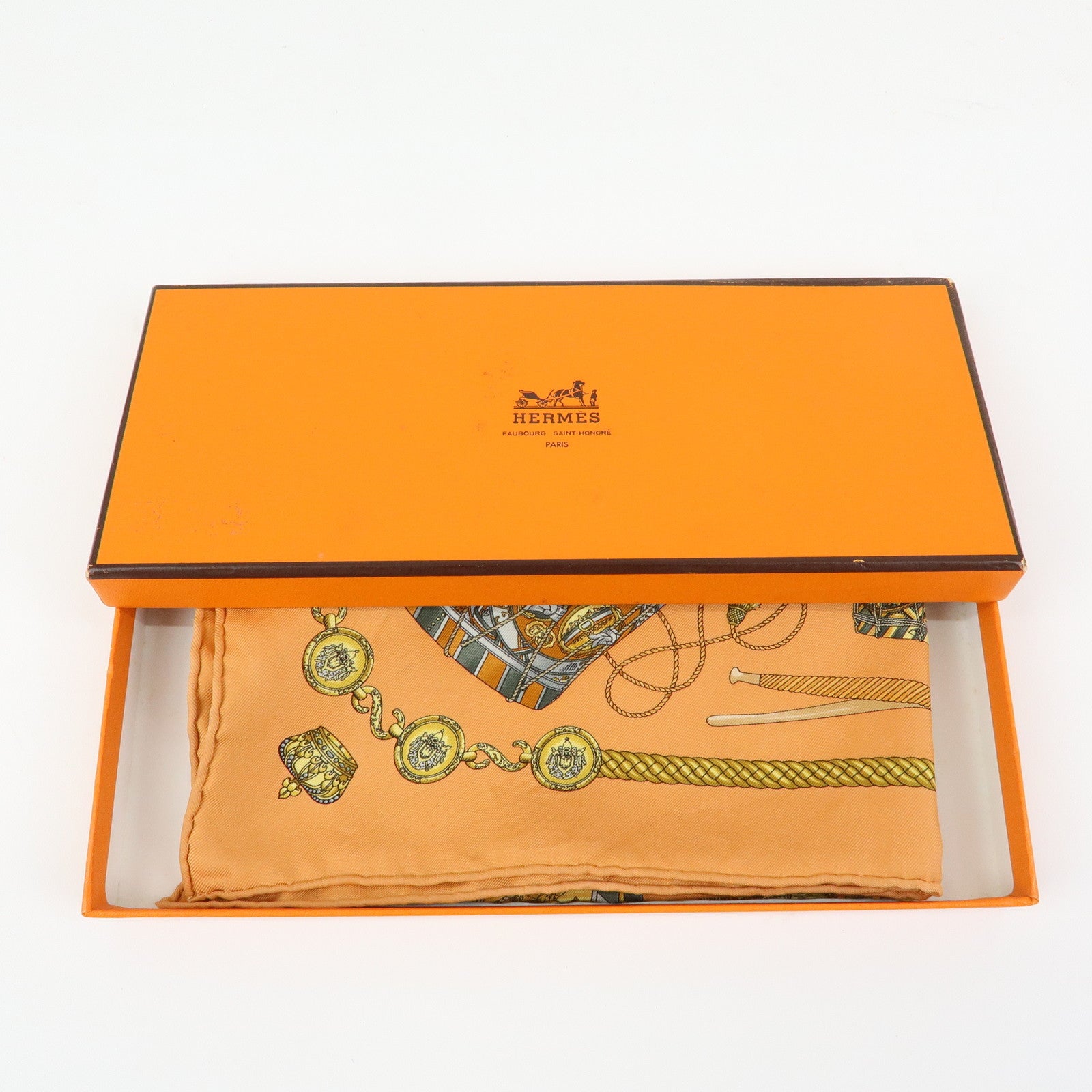 HERMES Carre 45 Silk 100% Scarf LES TAMBOURS Drum Print Orange Gold