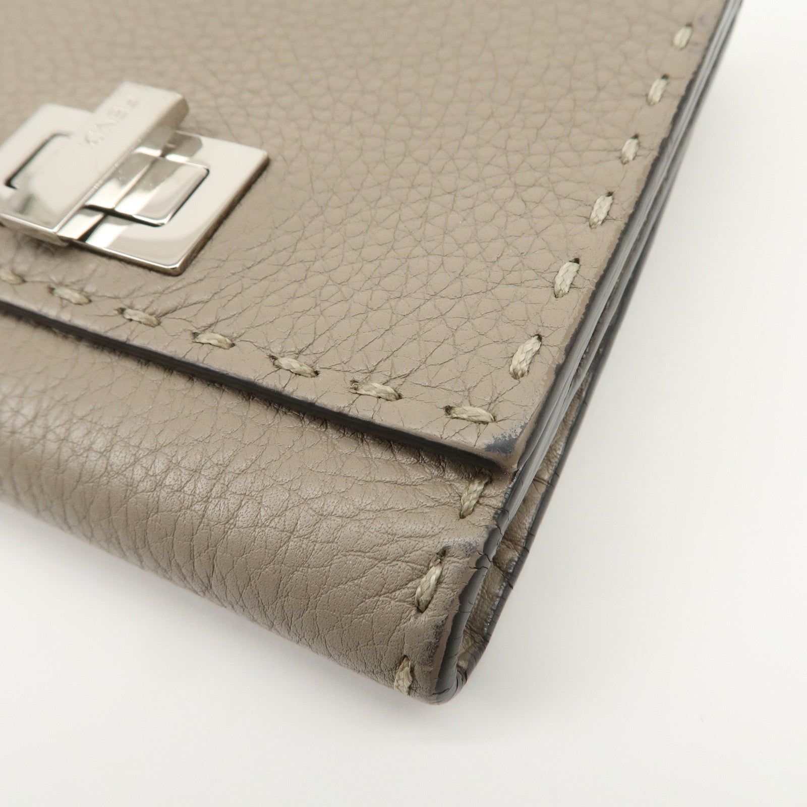 FENDI Logo Leather Compact Wallet Greige