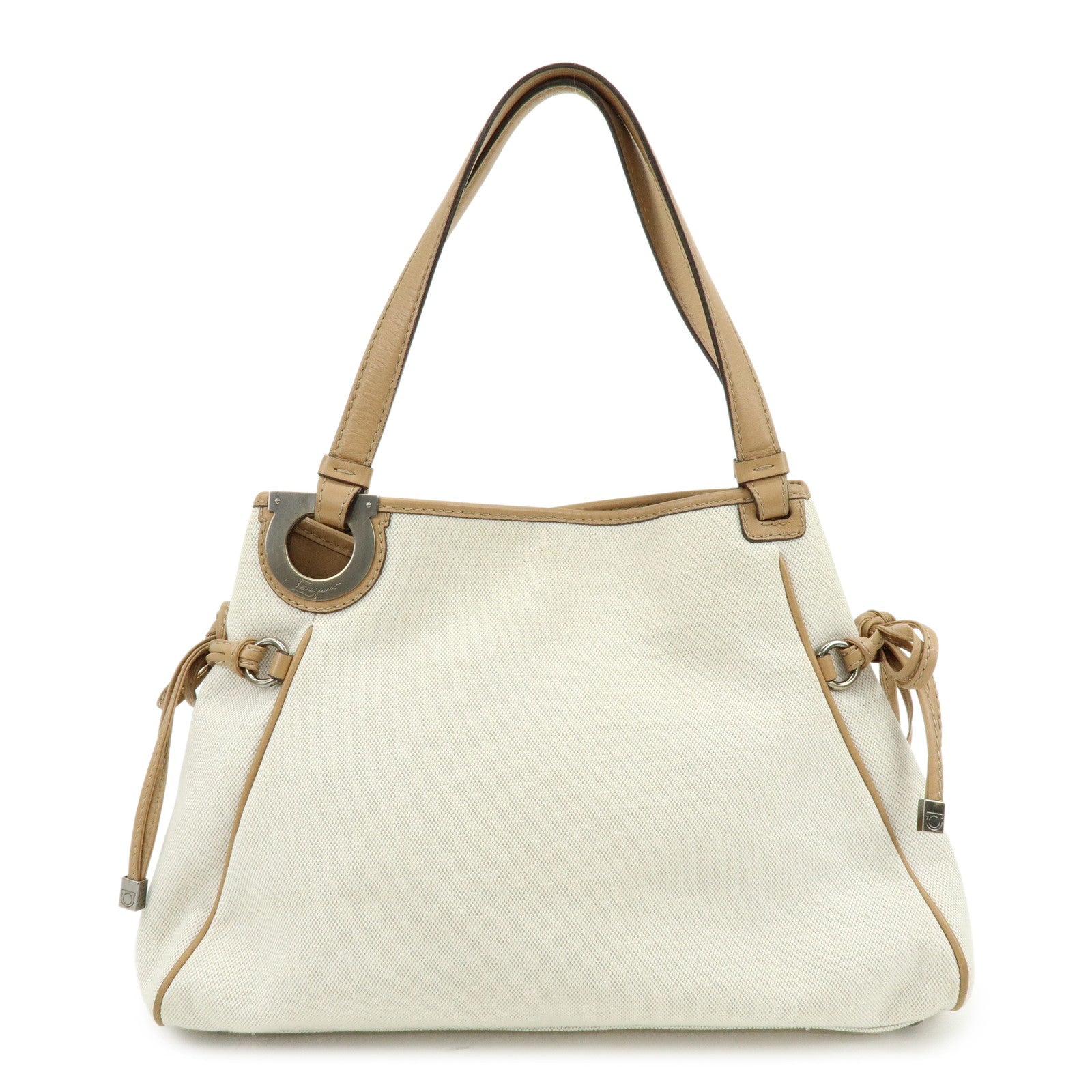 Ferragamo Gancini Canvas Leather Tote Bag Shoulder Bag Natural