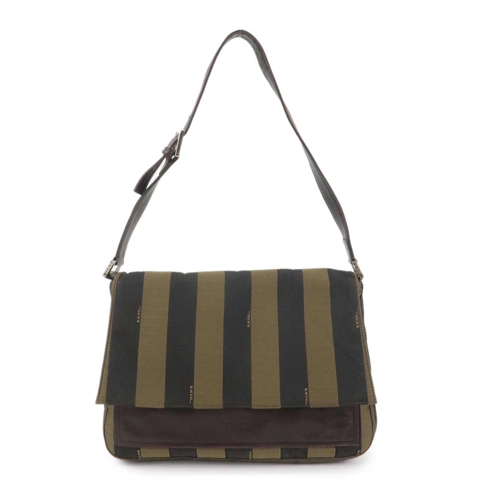 FENDI Pequin Canvas Leather Shoulder Bag Brown Black 26654