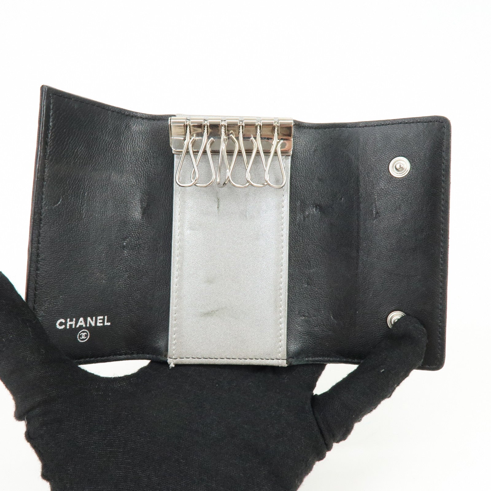 CHANEL Camelia Lamb Skin Leather Key Case Key Holder Black