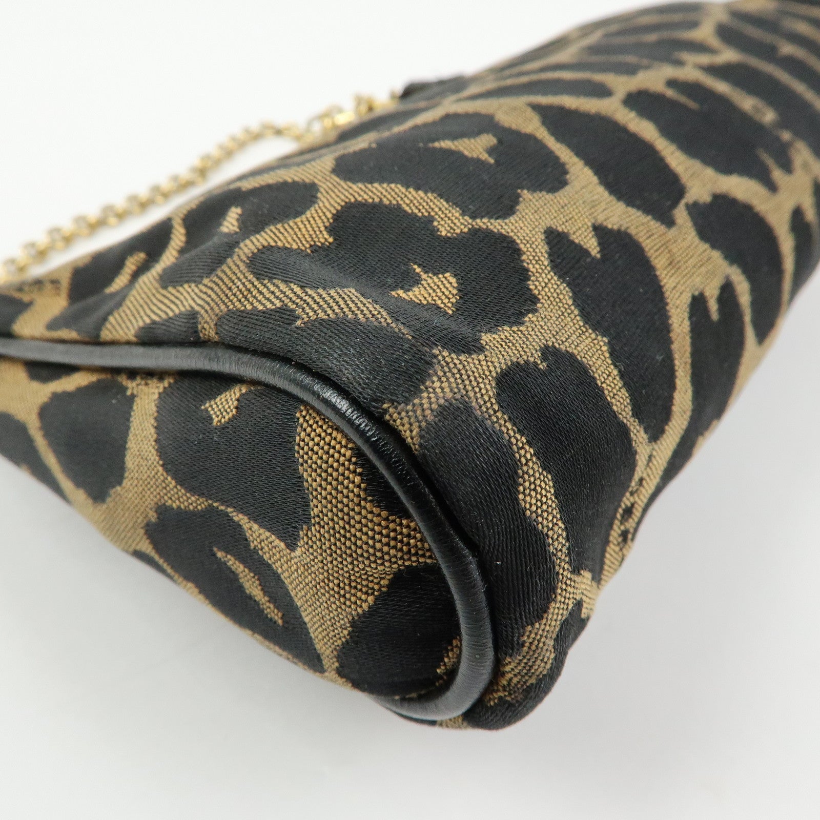 FENDI Canvas Leather Leopard Chain Hand Bag Brown Black 8M0264