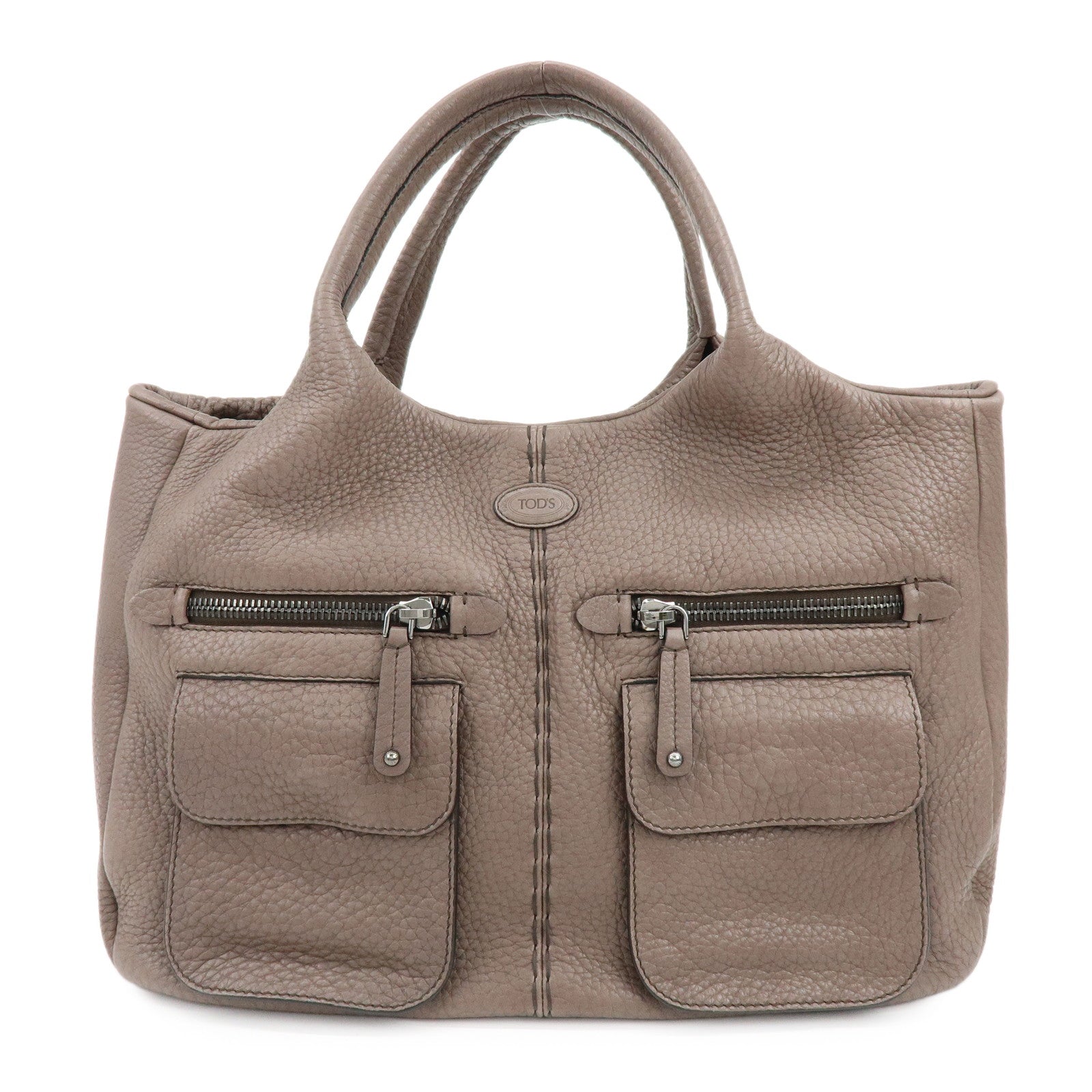 TOD'S Logo Leather Tote Bag Hand Bag Shoulder Bag Greige