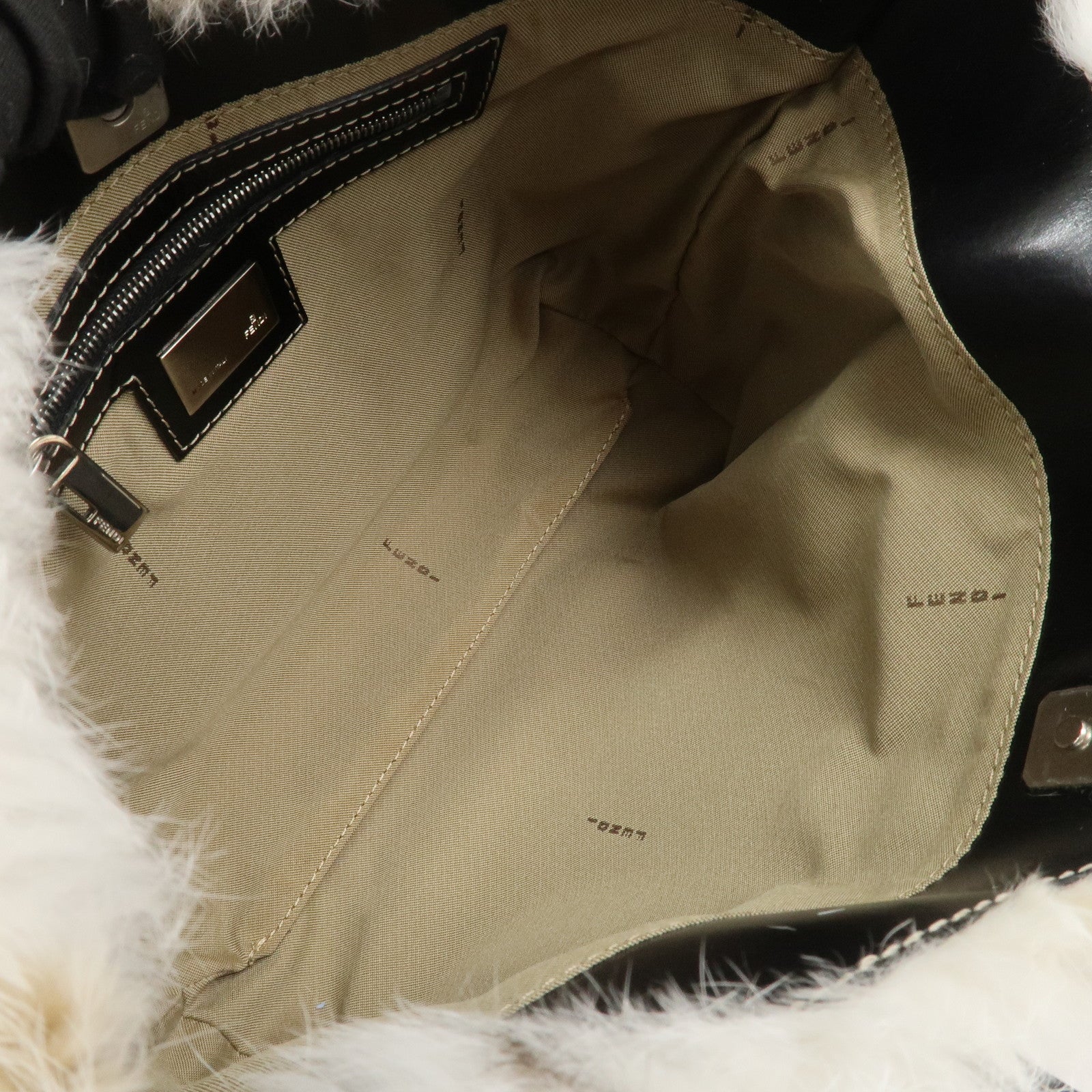 FENDI Fur Leather Hand Bag Tote Bag Ivory Light Brown 8BH056